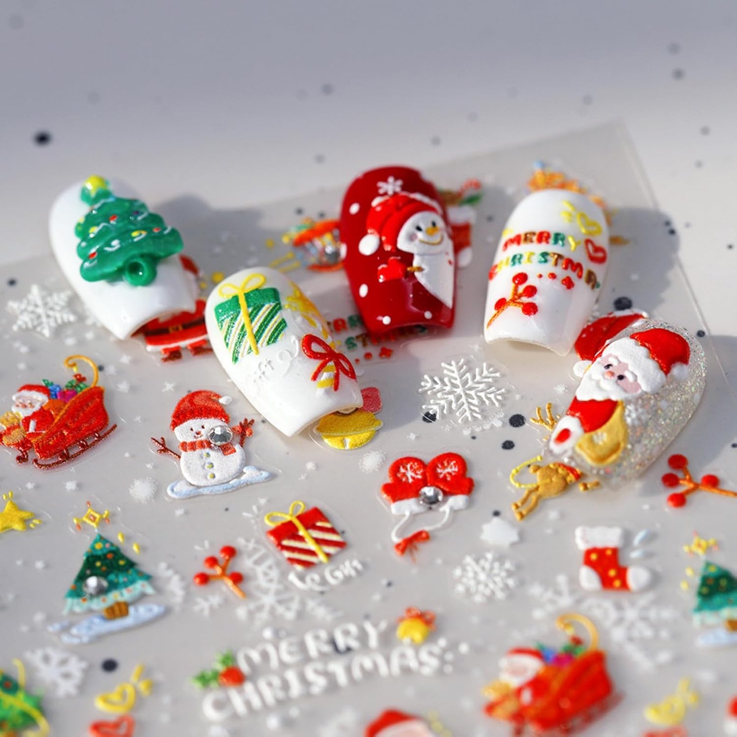 5D Embossed Christmas Nail Art Stickers Santa Claus Nail Stickers Self-Adhesive Elk Christmas Tree Snowman Gift Snowflakes Nail Decals for Women Girls Winter Xmas Holiday Manicure DIY Nail Supplies