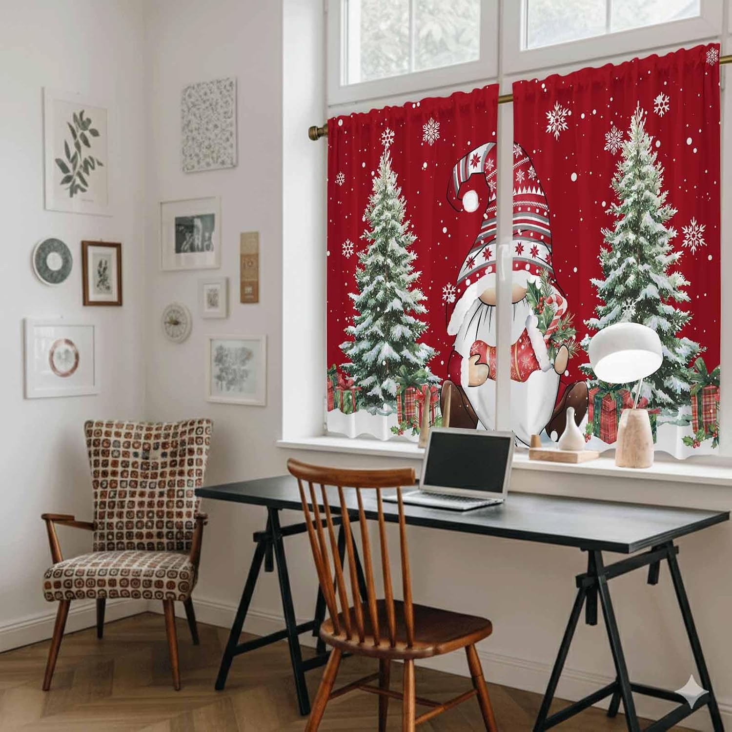 Red Wooden Gnomes Christmas Kitchen Tier Curtains 45 Inch Long 2 Panel Set,Rod Pocket Short Window Treatment,Xmas Tree Snowflakes Winter Curtains & Drapes for Bathroom Basement 27.5"W x 45"L