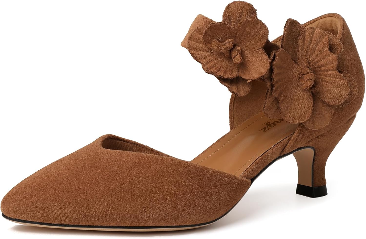 RIBONGZ Black Kitten Heels for Women Low Closed Toe Dressy Pumps Comfortable Slip On Flower Dress Shoes for Wedding Dancing Party Office Work