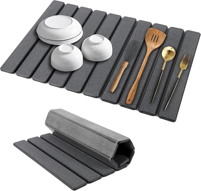 Large Stone Dish Drying Mat for Kitchen Counter, 23''×15'' Black Dishes Drying Matt Kitchen Counter, Absorbent Diatomaceous Earth Bath Quick Dry Mats for Tableware, Bottles and Cup