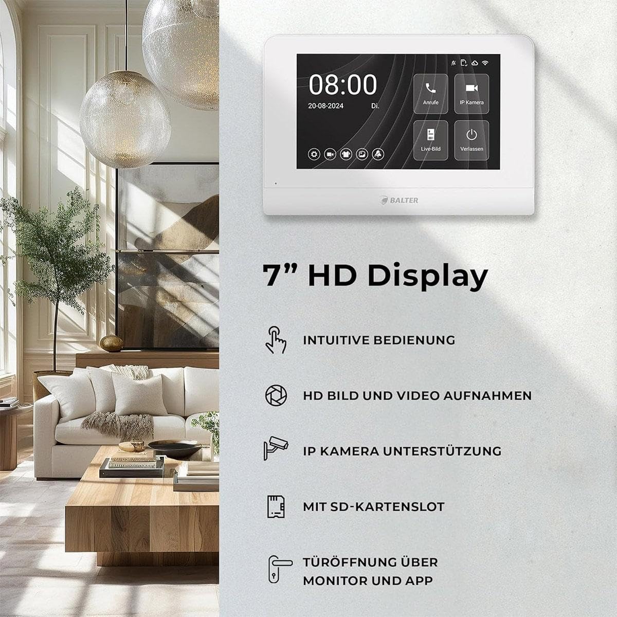 Balter ENTRI L Video Doorbell Unterputz Türklingel mit Kamera und 1x 7 Zoll Touchscreen HD WLAN Monitor, kabelgebunden Türsprechanlage mit Interkom WiFi Mobile App für 1 Familienhaus Set