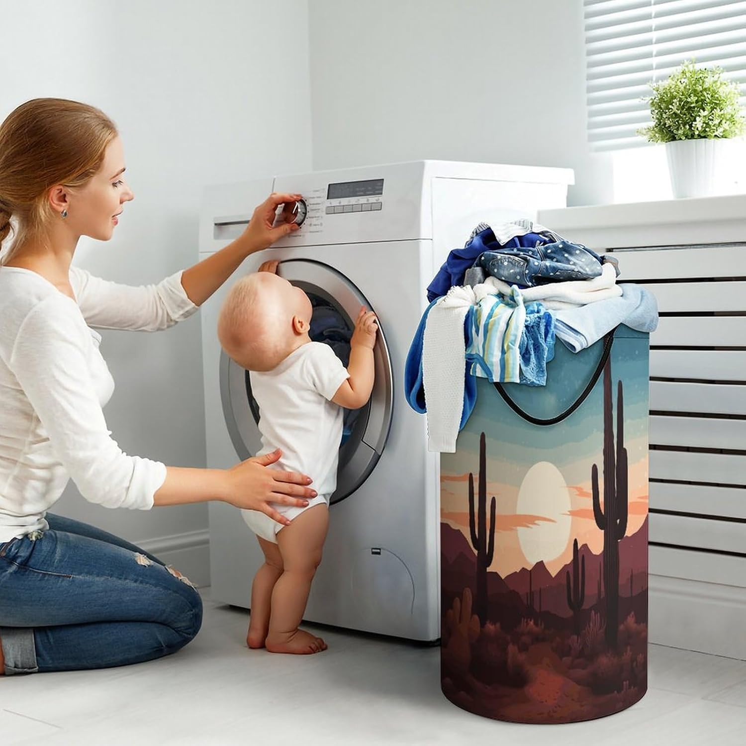 Desert With Cactus Laundry Basket 86L Laundry Hamper | Collapsible Clothes Hamper with Reinforced Handles Waterproof Tall Foldable Dirty Clothes Basket for Hotel, Home, Closet