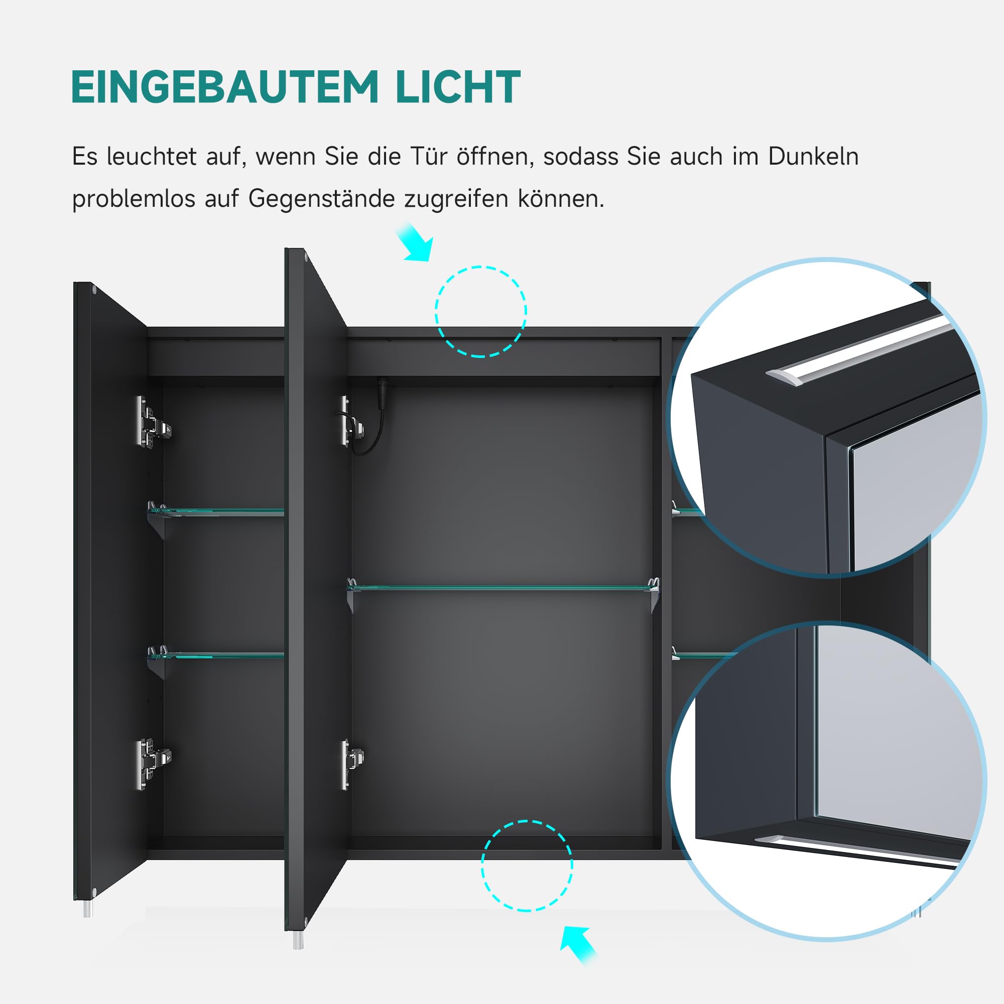 Spiegelschrank 900x650mm mit Beleuchtung, LED Badspiegelschrank, 3 Farbtemperatur dimmbare, Antibeschlag, Steckdose und Touch, Schwarz Smarter Spiegelschrank