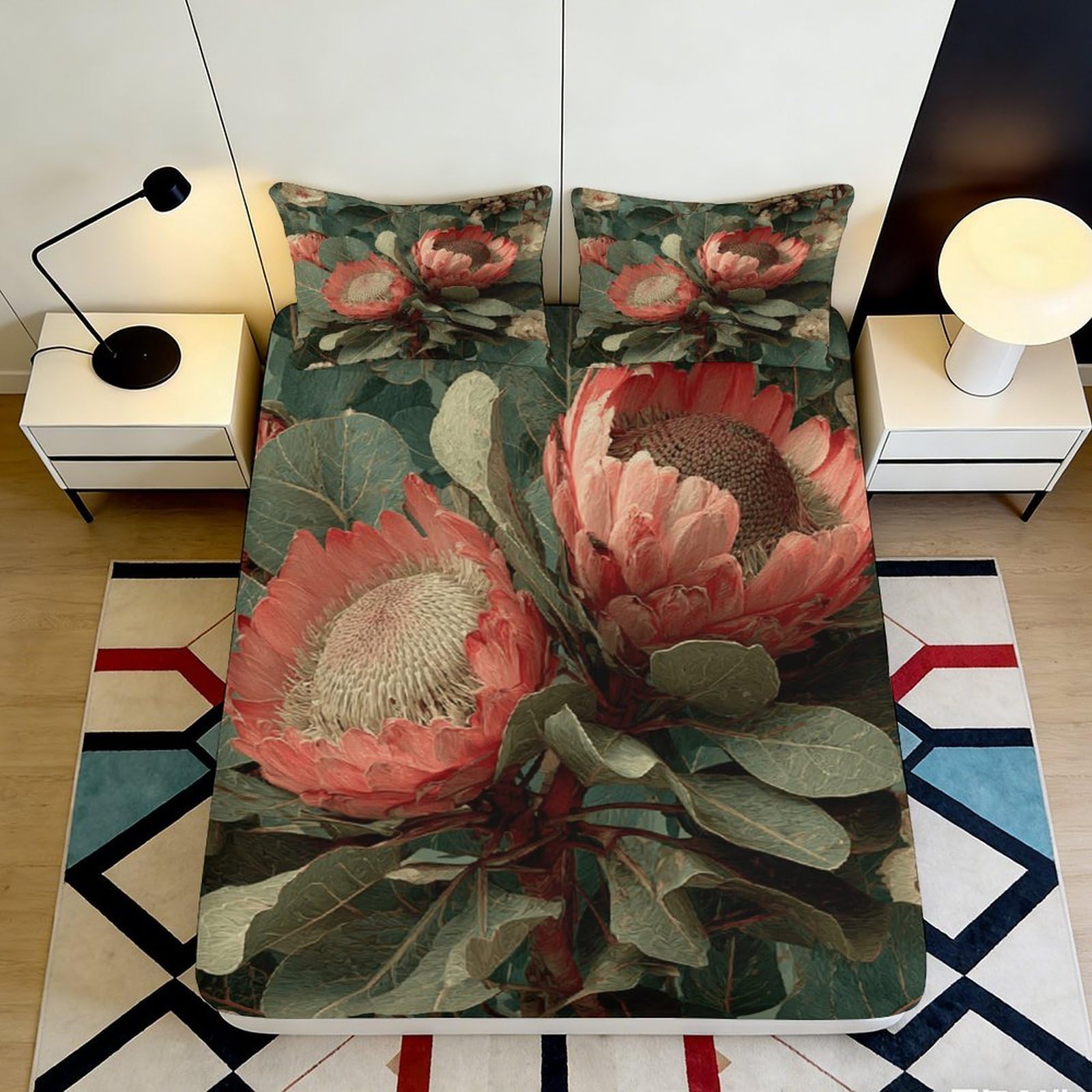 3D Printed Protea Flower Fitted Sheet Microfiber Soft Durable Tropical Leaves Bed Cover for Bedroom Dormitory Guest Room Mattress Protection 180x200x25cm