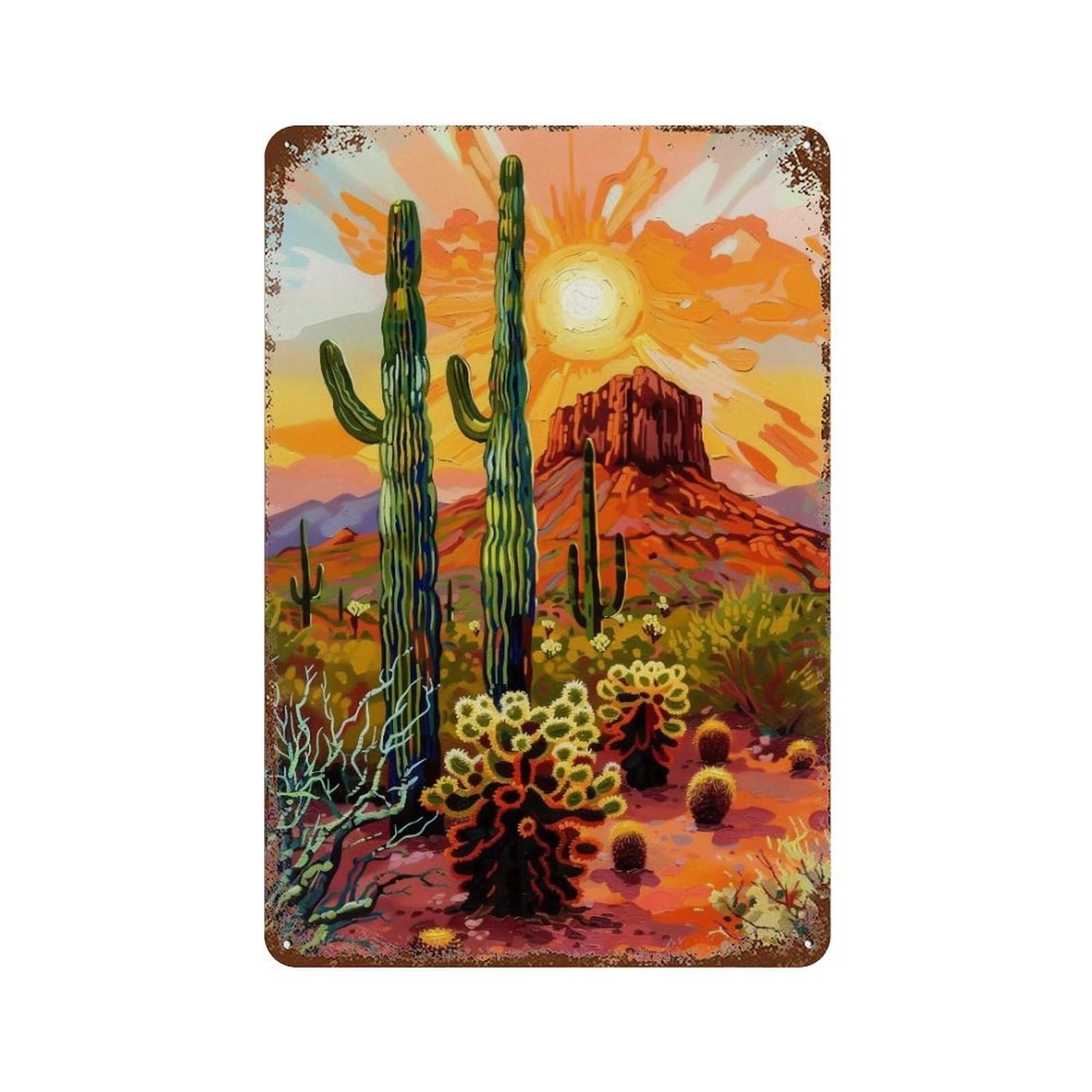 WUJHGRSG Impasto Sunset Red Rock Saguaro Desert Vista 01 Wall Art Retro Iron Vintage Metal Tin Sign Poster Modern Decor for Home Cofffee Club Bar Shop Style 30x20cm