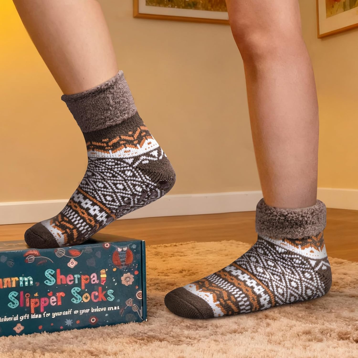 YUEDGE Mens Non Slip Fuzzy Fluffy Slipper Socks Non Skid Cozy Ankle Plush Fleece Thermal Warm Socks for Men 6-13, 2 Pairs - Image 3