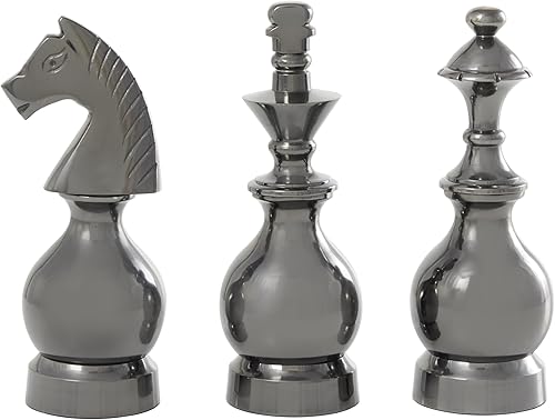 Miniatura 7 de Deco 79 Escultura decorativa de ajedrez de metal de aluminio para decoración del hogar con caballero, reina y rey, juego de 3 figuras decorativas de