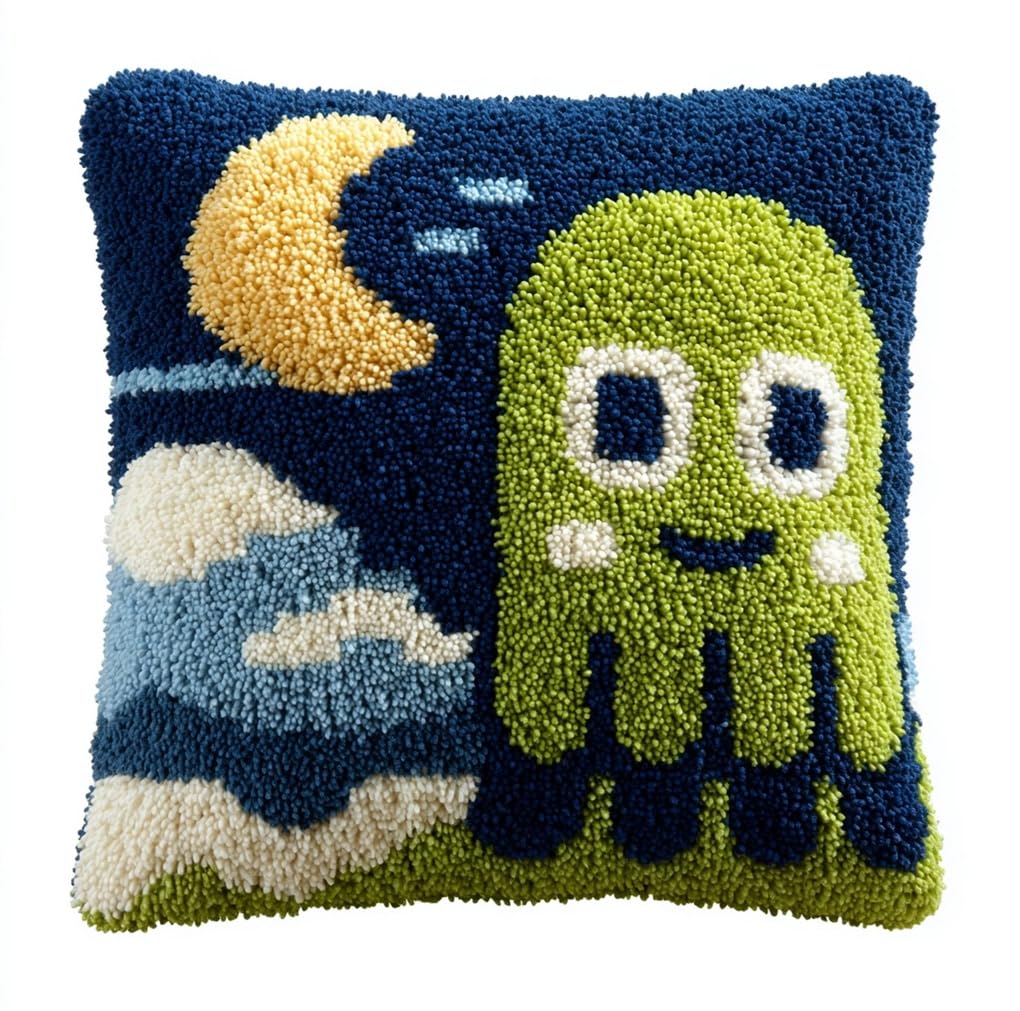 Taxpy Latch Hook Cushion Kits for Adults Octopu and Moon 43Cmx43Cm DIY Hooks Knitted Embroidered Carpet Pillow Needlework Pillow Cover Embroidery Latch Hook Carpet Kit