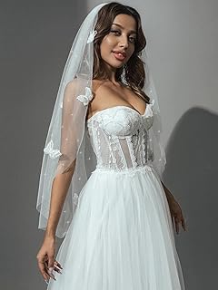 Heread Short Bride Wedding Veil with Butterflies Fingertip Length Sparkly Bridal Tulle Veils Hair Accessoies with Comb (White)