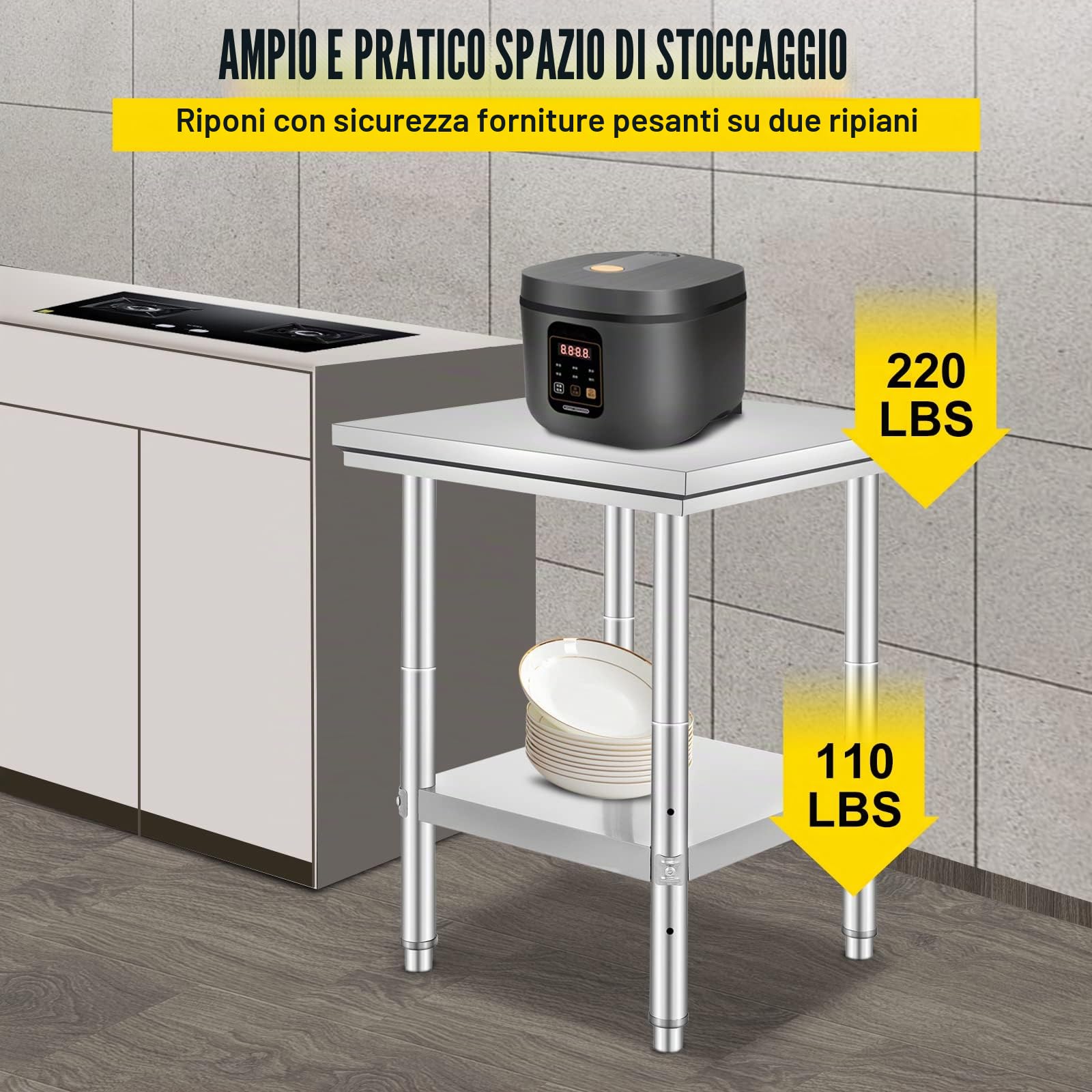 VEVOR Tavolo da Lavoro in Acciaio Inossidabile, 60 x 60 x 80 cm, Piano di Lavoro a 2 Ripiani, Tavolo per Preparazione di Pasti, Cucito, Lavaggio, Artigianato, Garage