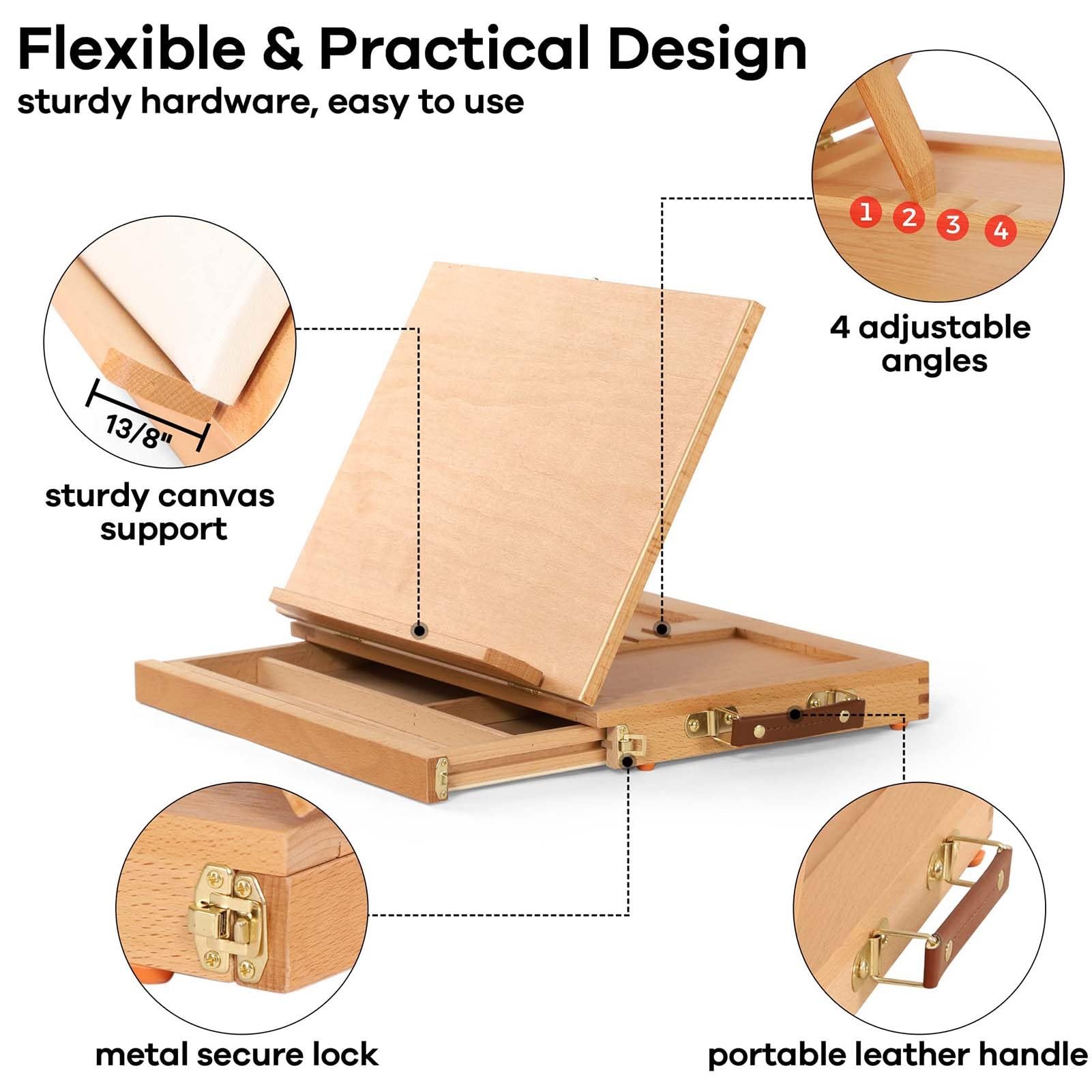 THEGA Große Tischstaffelei Mit 3 Schubladen, Verstellbare Tischstaffelei Aus Buchenholz Zum Malen, Tragbare Skizzenbox Für Künstlerbedarf, Reisestaffelei Für Erwachsene(with 1 Drawer+Wood Palette)