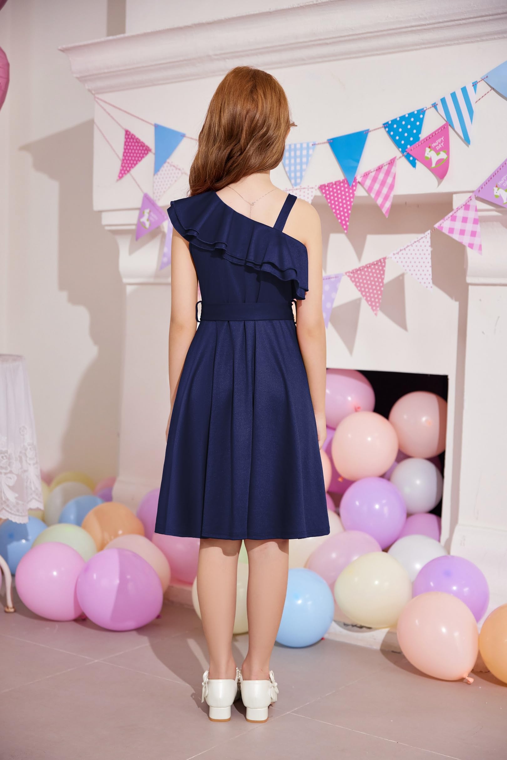 Arshiner Filles Robes Une Épaule Robes Eté Col Ruffle Robe de Fête Elégante sans Manches Robes pour Fille 5-14 Ans
