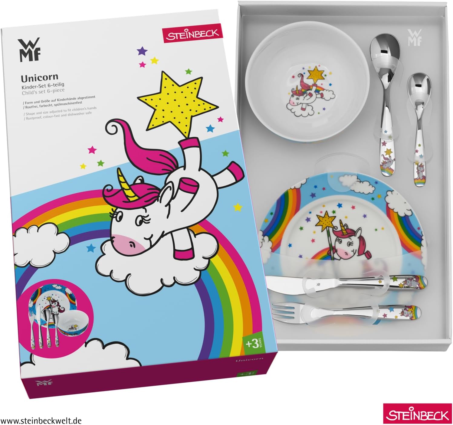 WMF Unicorn Children's Crockery Set 6 Pieces 3-9 Years Stainless Steel Cromargan Polished Dishwasher-Safe, Steel, Silver, 40 x 25 x 10 cm