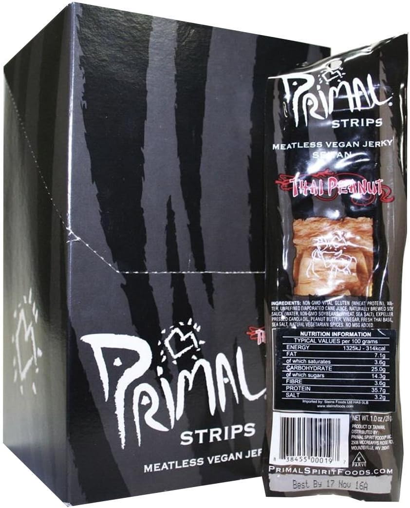 Primal Vegan Jerky | Seitan - Thai Peanut Jerky | 14 x 28g