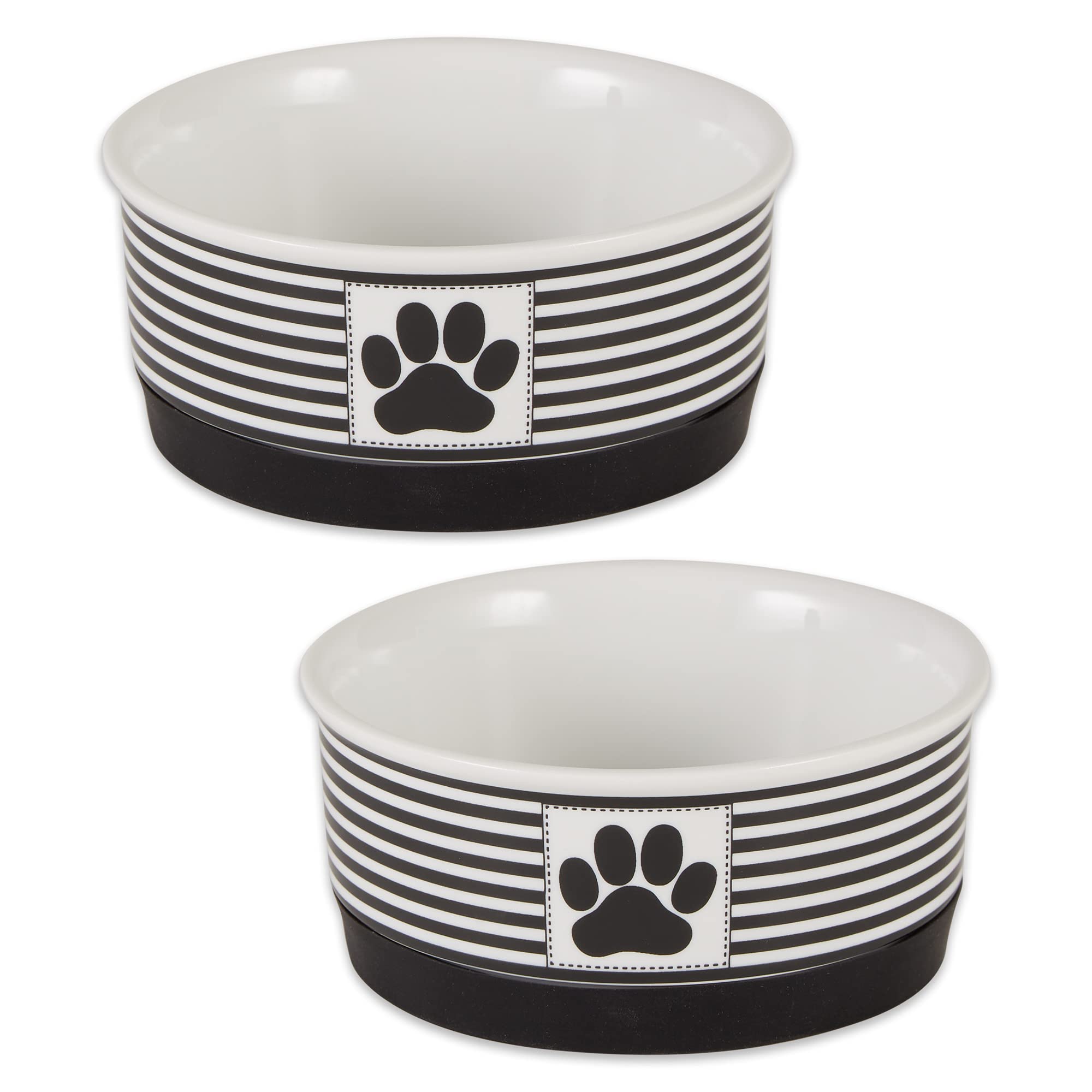 Bone Dry Ceramic Stripe Paw Pet Bowls Collection, Dishwasher Safe, Small, 4.25x2, Black, 2 Count
