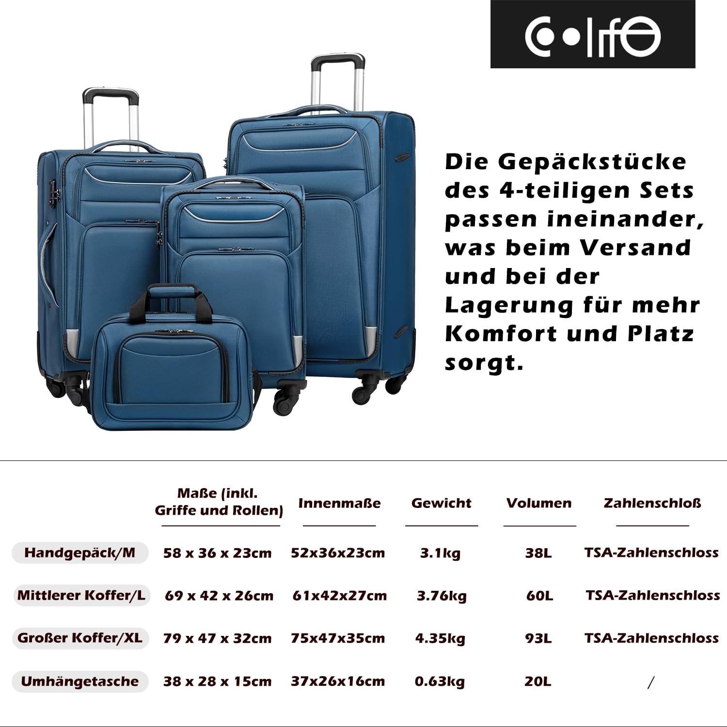 COOLIFE Koffer Trolley Koffer Reisekoffer von 4 Rollen Stoffkoffer Handgepäck TSA-Schloss Der Koffer Enthält 1 Große Umhängetasche (Großer Koffer-Set 2tlg, Schwarz+Rot)