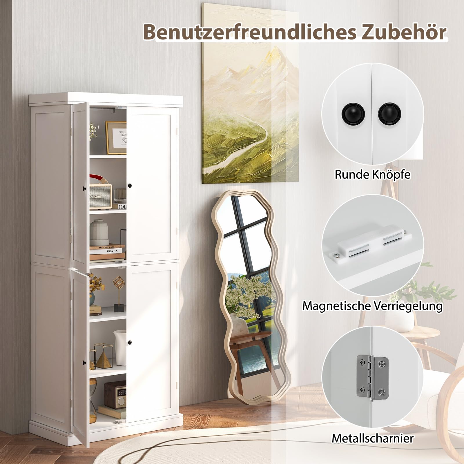 COSTWAY 6 stöckiger Garderobenschrank, Kleiderschrank mit 4 Türen & verstellbaren Regalen, Mehrzweckschrank Küchenschrank, Hochschrank für Badezimmer, Esszimmer, Büro, 76 x 40 x 184,5 cm, Weiß