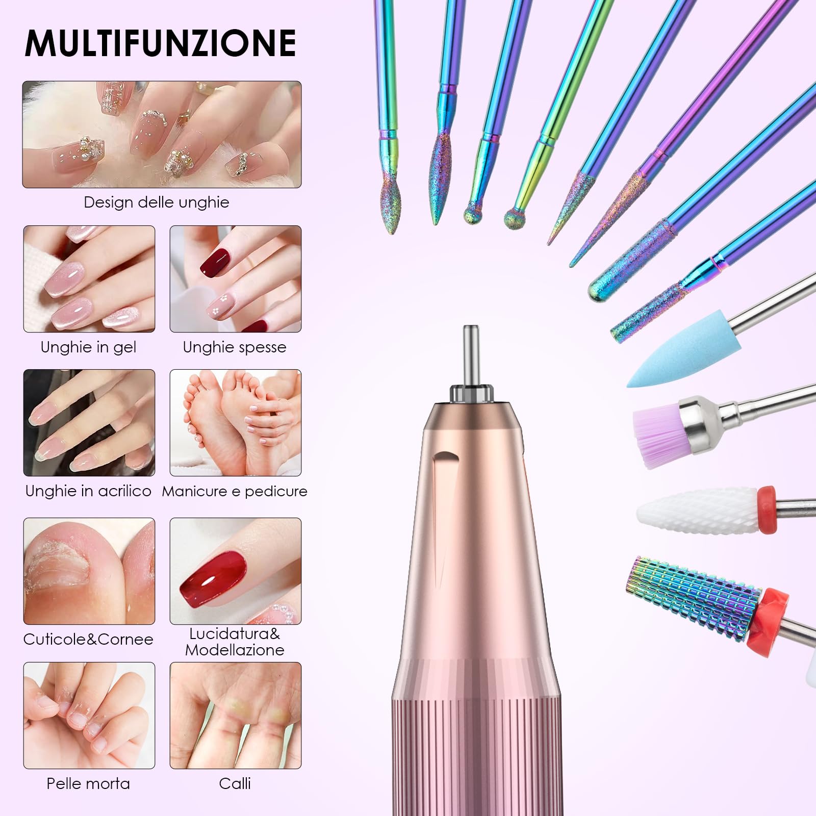 HOMEASY Fresa Elettrica per Unghie Professionale Set Portatile Multifunzione con 16 Testine in Metallo e Ceramica Ricaricabile Display LCD Intelligente per Manicure e Pedicure Viola Rosa