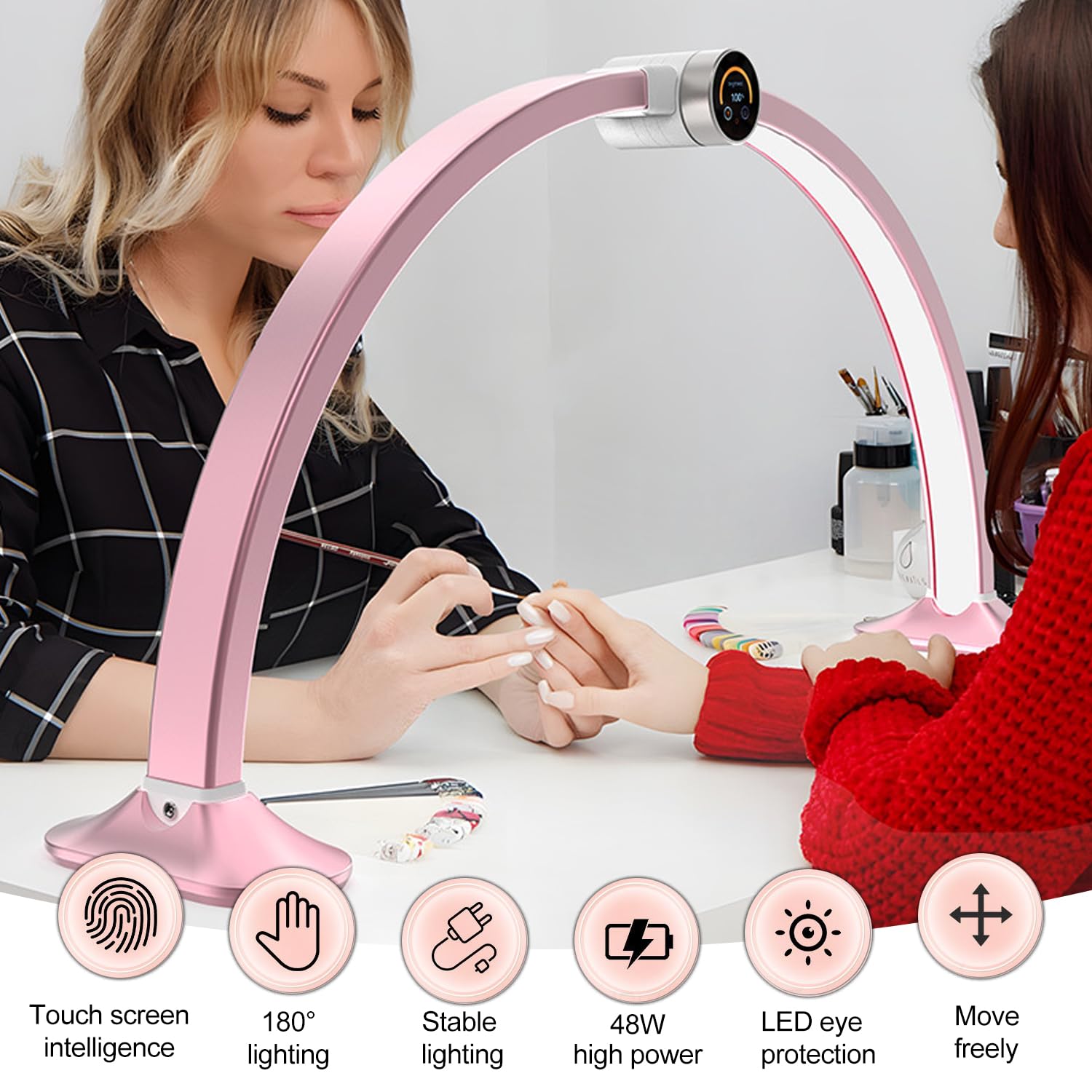Lampada da scrivania per Unghie Half Moon da 30 Pollici, Lampada LED Pieghevole per Unghie per Professionisti, luci da scrivania per Unghie da 48 W con attenuazione Continua e Lampada,Argento