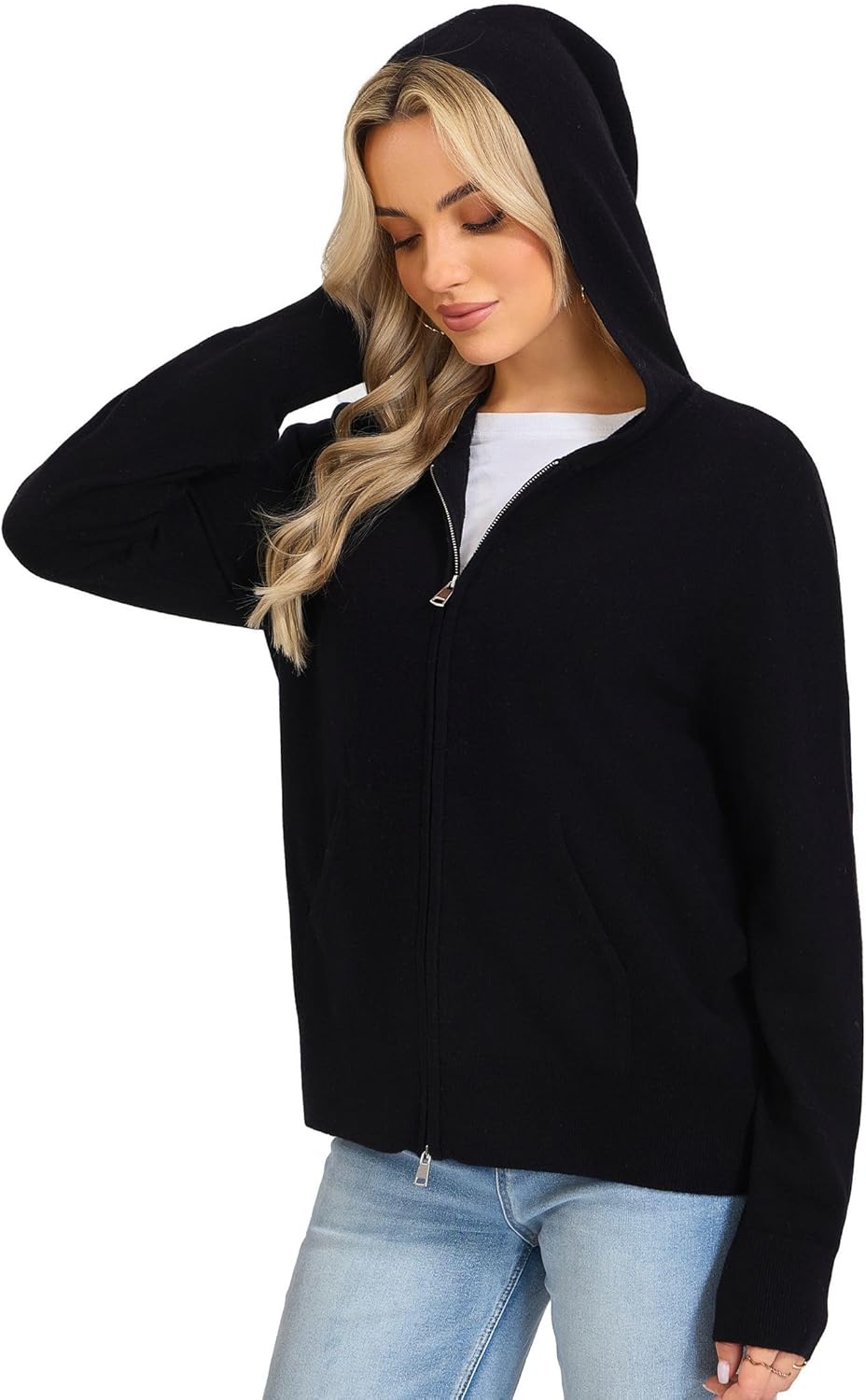 Women's Hooded Cardigan Sweater -100% Merino Wool 2-Way Zip Up Hoodie with Pockets Lightweight Zip-front Cropped Knit - Image 3