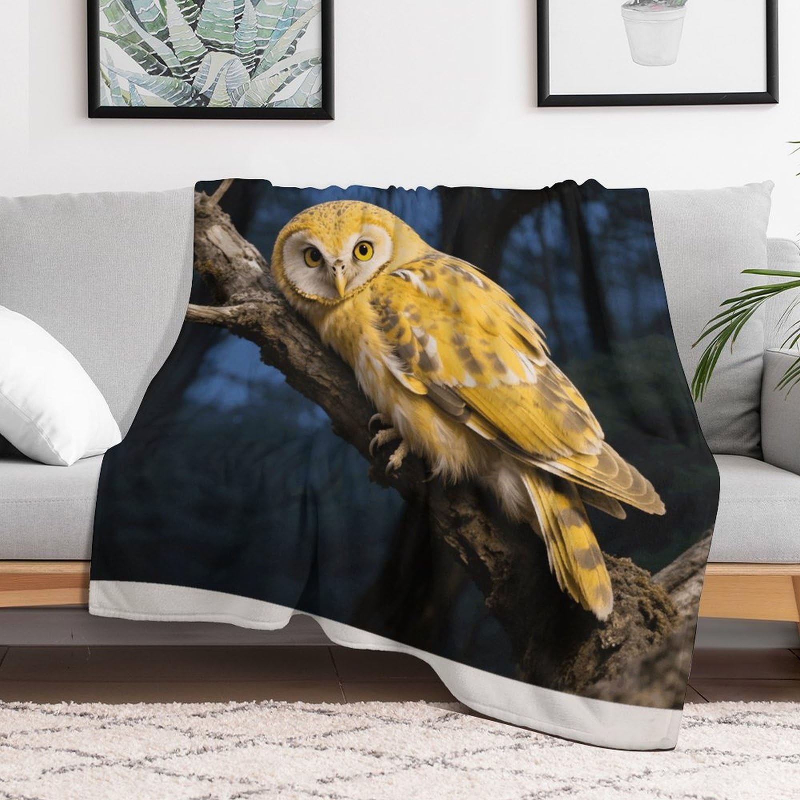 Custom Yellow Snowy Owl Blanket Lightweight Flannel Fleece Throw for Couch Sofa Bed Luxury Soft Cozy Plush Lap Bedtime Blanket for All Seasons Bedroom Home Decor Gifts 40x50