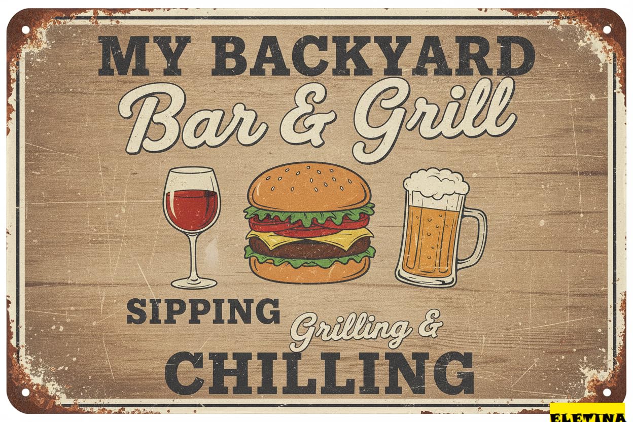My Backyard Bar And Grill Tin Sign, 8x12 Inch Decor