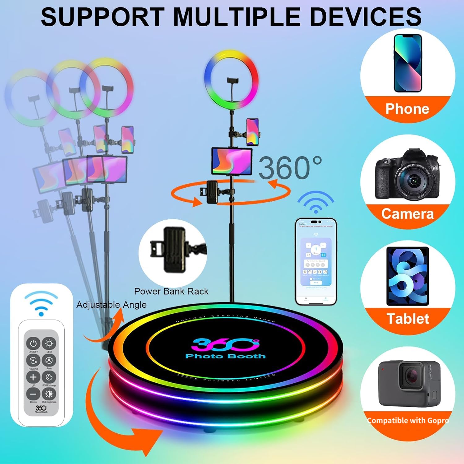 Cabina fotografica a 360 gradi, veloce o rallentatore automatico, logo personalizzato, custodia di volo, telecomando APP, luce anulare RGB (100 cm/39,4 pollici)