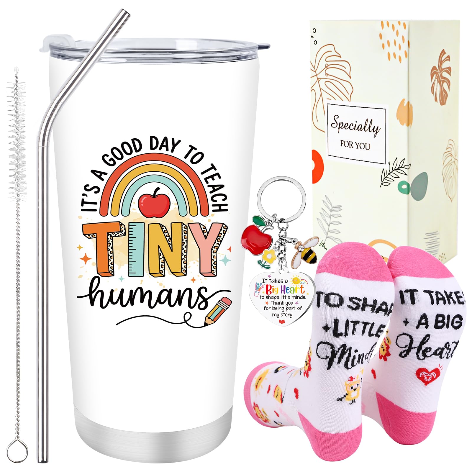 Luvart Thank You Teacher Gifts - Nursery Teacher Thank You Gifts for Teaching Assistants Staff Educator, 20oz Tumbler Socks Keyring