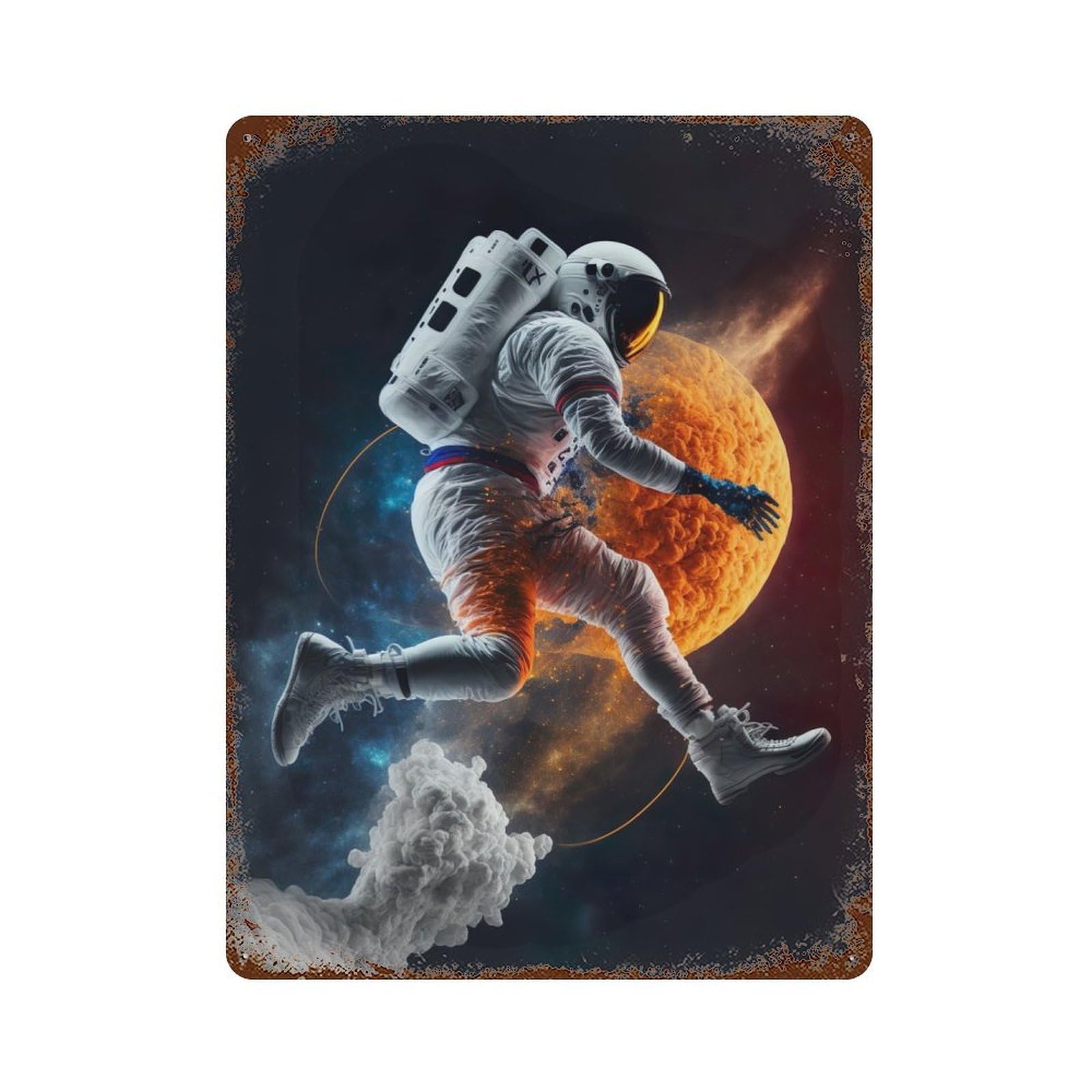 Jumping Astronaut Rusty Metal Tin Sign 15.7"x11.8", for Patio, Garden Room And Bar Decor, Old School Wall Decor