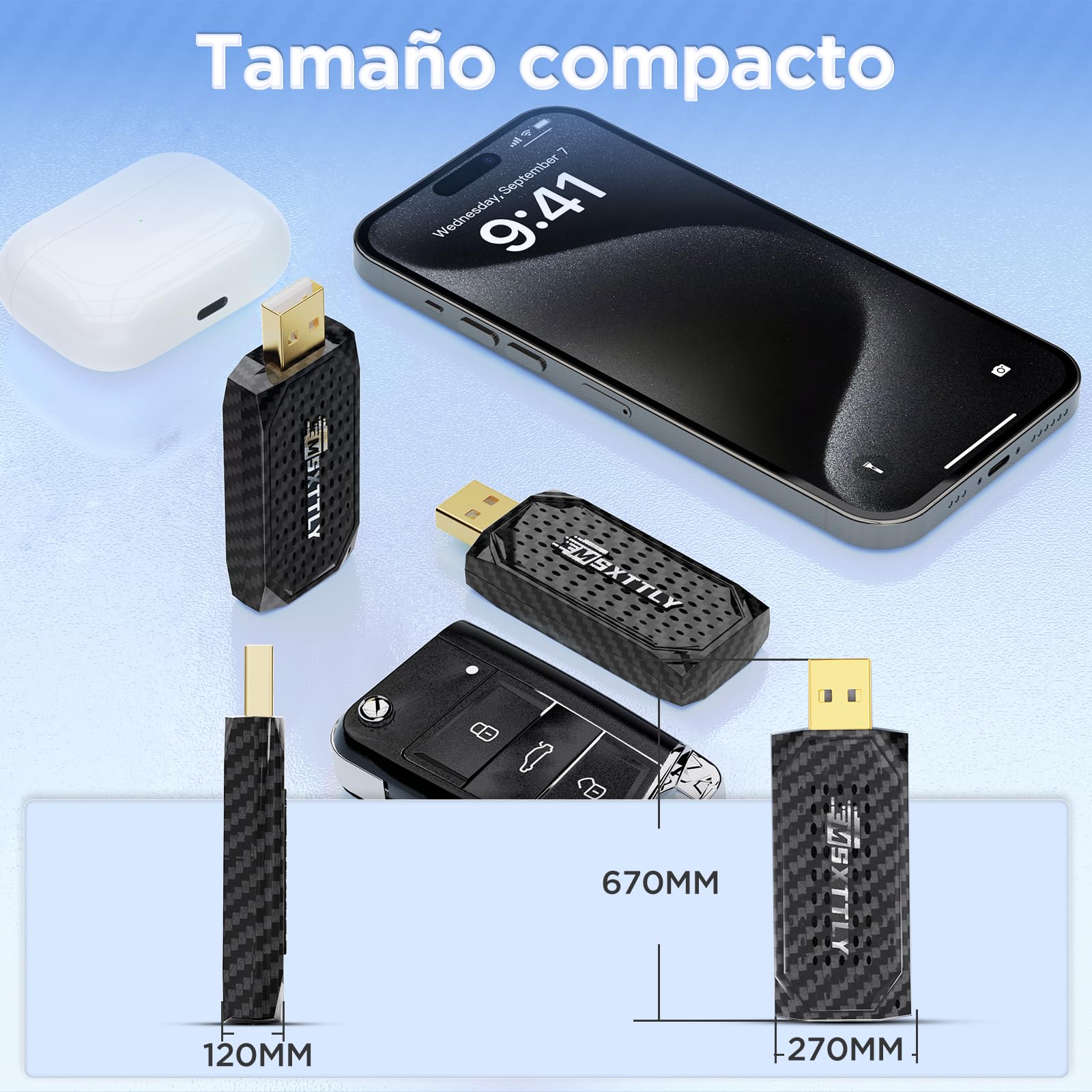 MSXTTLY Mini Adaptador Inalámbrico CarPlay Android Auto 3 en 1, Compatible con Netflix, Youtube, TikTok y Prime Video, para Coches con CarPlay con Cable 2017+, Android 11 e iPhone iOS 10+
