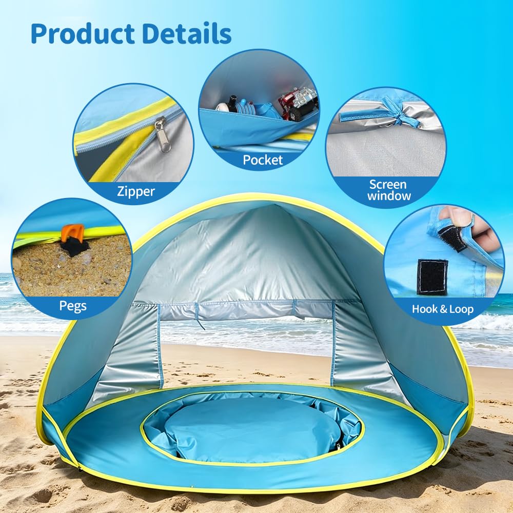 Tenda da Spiaggia Bambini, Tenda Spiaggia con Protezione UV 50, Parasole da Spiaggia con Mini-Piscina, Borsa per il Trasporto e Picchetti, Finestra con Cerniera