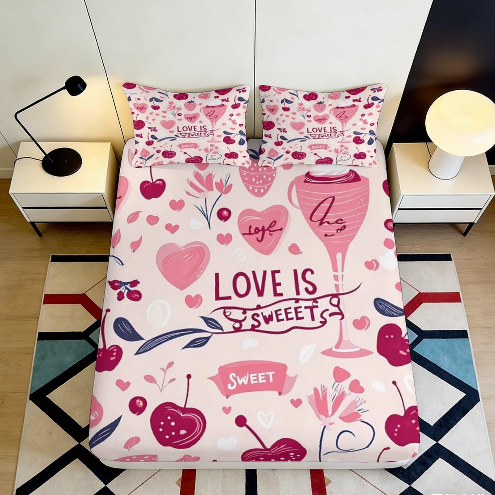 Jqzkxnhpbr Style-3 3D Printed Love Heart Cherry Fitted Sheet Microfiber Pink Sweet Pattern Mattress Cover Bedroom Decor 90X200x25cm