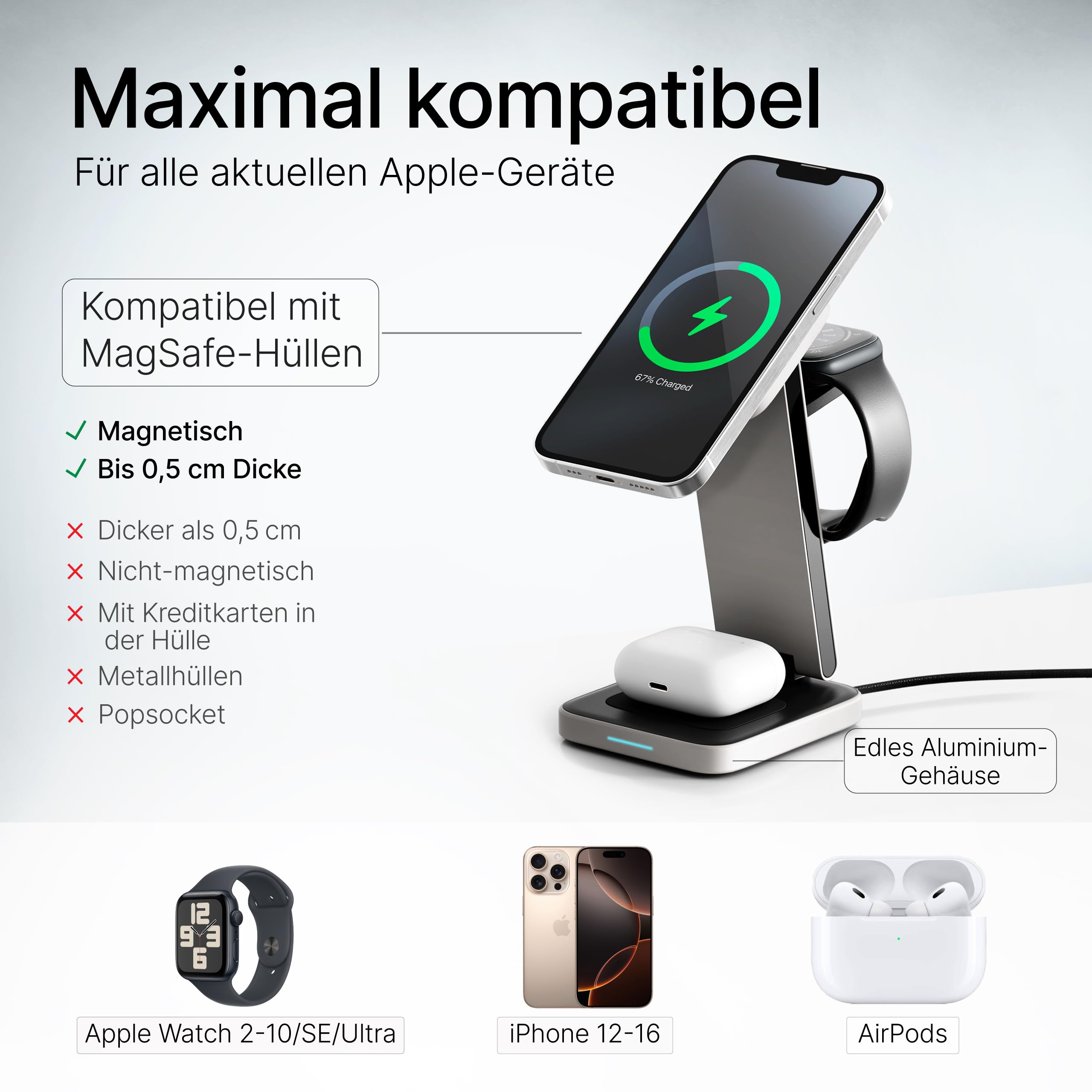 Aluminium Ladegerät – Ladestation Apple Watch und iPhone kompatibel, iPhone Ladestation, Apple Ladestation, inkl. 20W Adapter & USB-C-Kabel