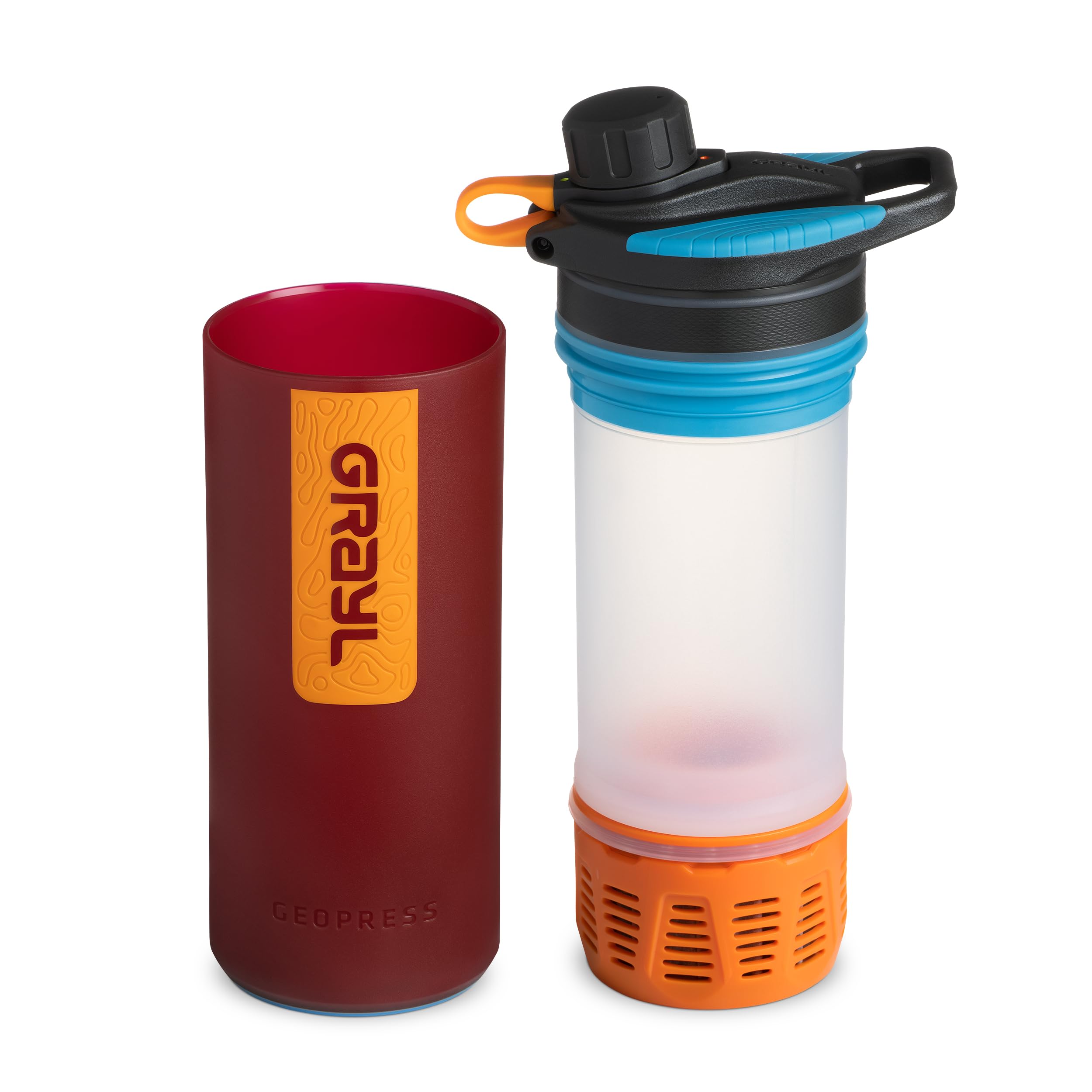 GRAYL GeoPress - Purificador de agua para viajes en todo el mundo, senderismo, camping y supervivencia, 680 ml, color rojo | Purifica el agua en 8 segundos para senderismo, mochileros, camping, supervivencia y viajes, elimina virus y bacterias