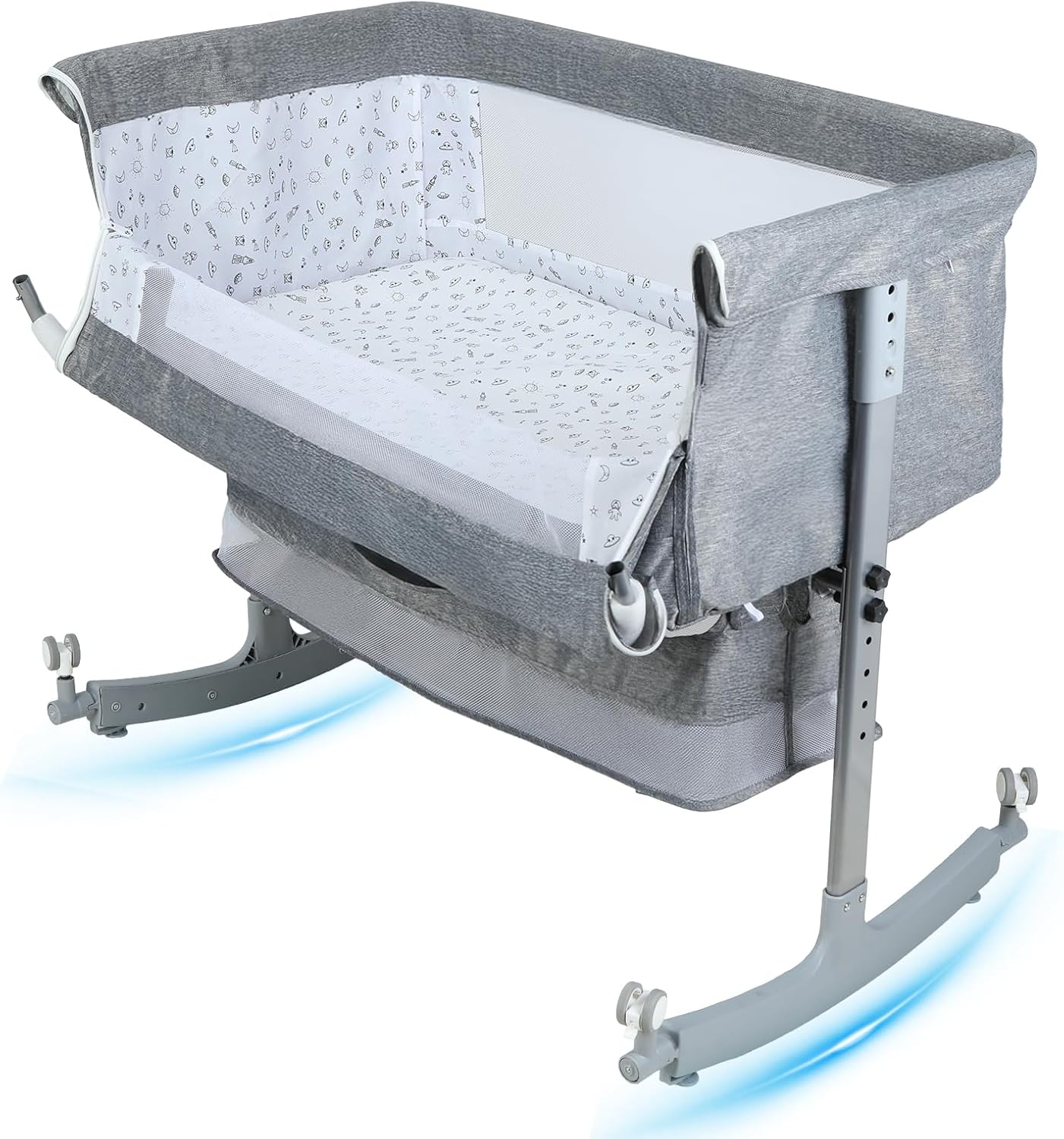 Baby Bedside Bassinet, 3-in-1 Bedside Sleeper and Rocking Crib with 6-Height Adjustable Frame, Wheels, Storage Basket, Breathable Mesh and Washable Mattress for Newborns Grey
