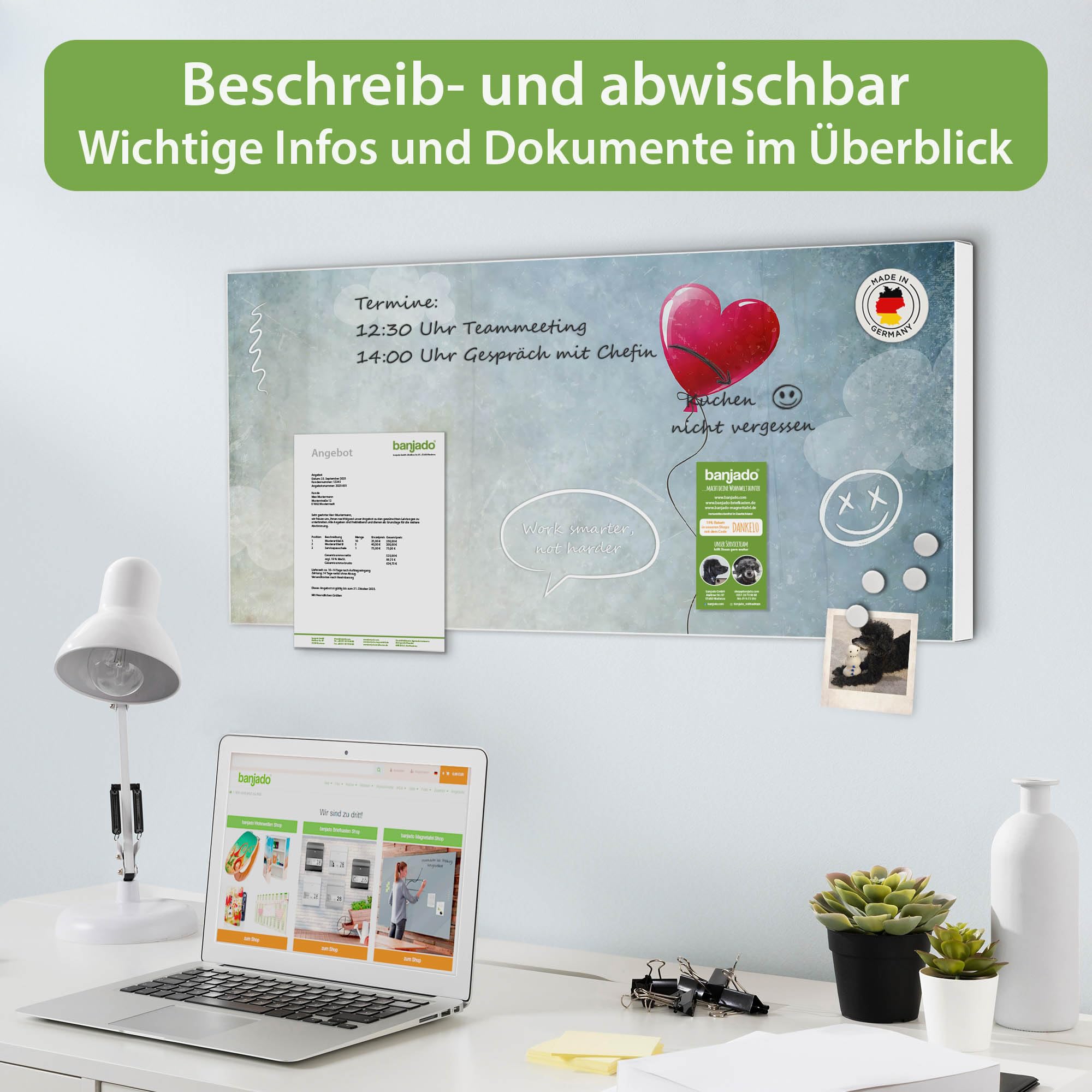 banjado Magnettafel Metall 78 x 37cm - beschreibbare Magnettafel - Metall Pinnwand als Memoboard - Magnetwand Küche, Büro, Kinderzimmer Weiß inkl. 4 Magnete & Montageset - Motiv Herzballon