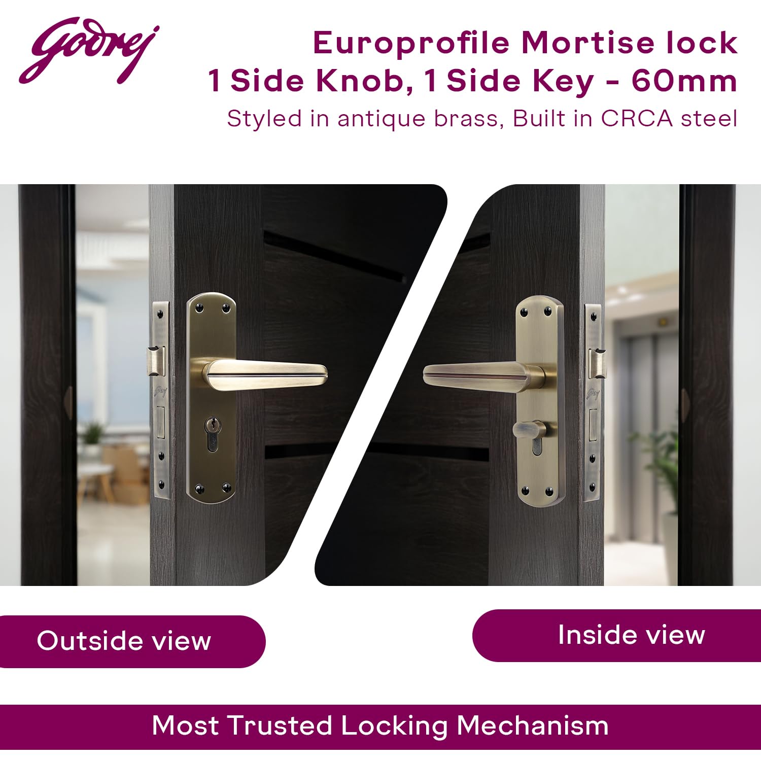 Godrej Mortise Lock I EuroProfile 200mm Cylinder | Double Throw Deadbolt | Common Keys | Reversible Latch | Antique Brass Finish | Anti-Corrosion Brass Body | 1 Year Warranty — Amazon image 4