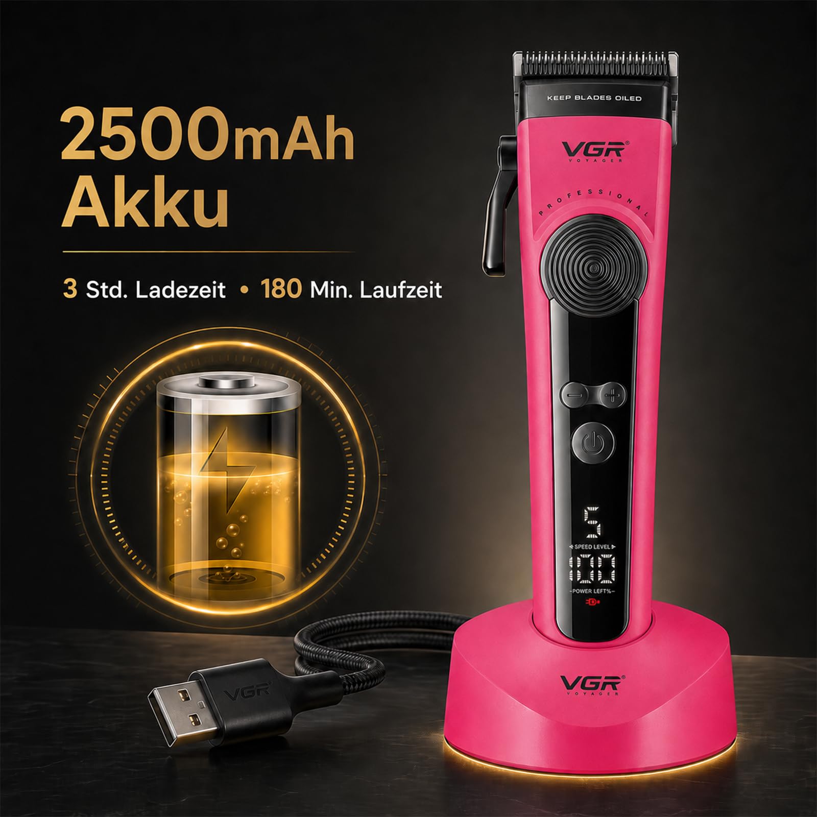 VGR 199 Haarschneidemaschine Profi Mit Einstellhebel,Geschwindigkeitsregler | Kabelloser Haarschneider Mit Ladestation, Clipper Haarschneider Mit Keramikklingen, 6 FüHrungskamm, LED-Display