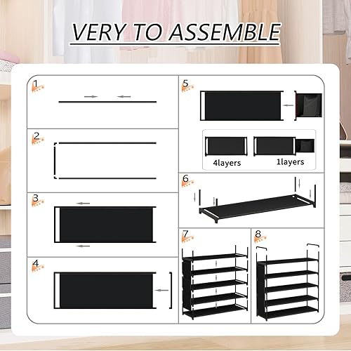 Miniatura 7 de Zapatero independiente de 5 niveles, organizador de zapatos que ahorra espacio con bolsillos laterales y ganchos de metal, zapatero ajustable para