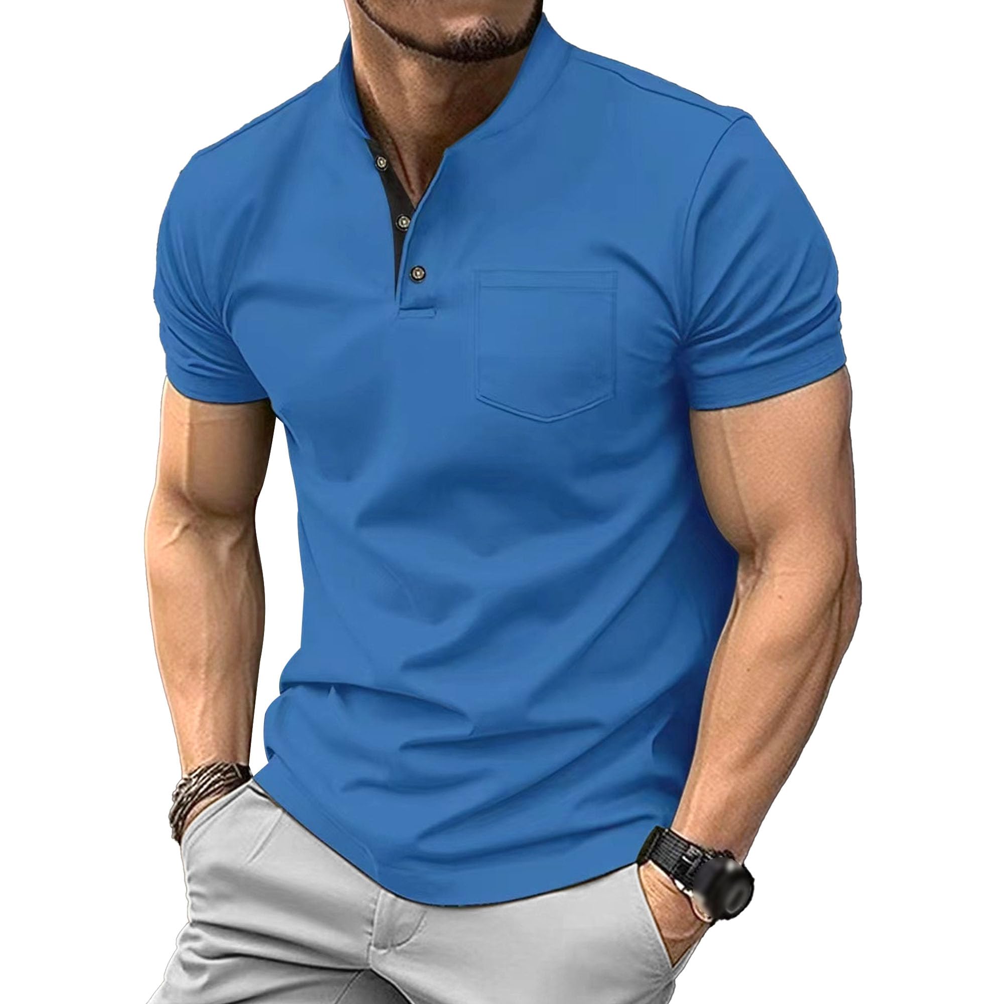 Men Classic Comfy Chest Pocket T-Shirt Quarter Button Relaxed Fit Polo Shirts Summer Business Pullover Tops (Blue,Medium)