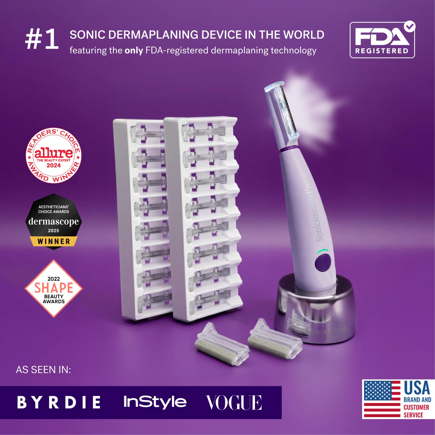 Michael Todd Beauty Sonicsmooth Pro+ Dermaplane - Maquinilla de afeitar para mujer con sistema de dermaplaning de corte de cejas y cara con luz LED, removedor de pelusas de melocotón, 16 cuchillas de