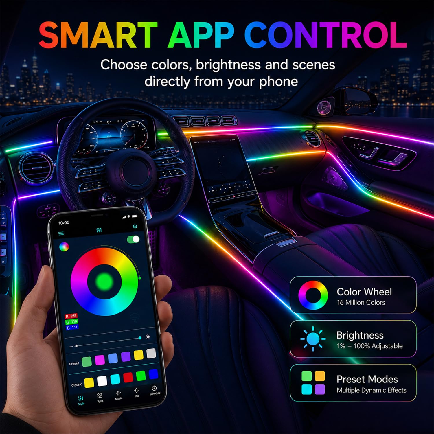 Illuminazione Interna a LED per Auto, 6 m/18 in 1 RGB, 12 V, Atmosfera LED Con App + Controllo Remoto, Laser Multicolore