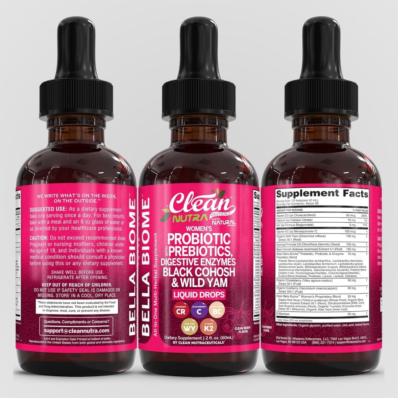 Liquid Probiotics for Women Drops with Chasteberry, Black Cohosh, Prebiotics, Digestive Enzymes, Evening Primrose Oil, Wild Yam, Cranberry Dmannose and Iron Vitamin D3 K2 Clean Nutra Bella Biotics — Amazon image 8