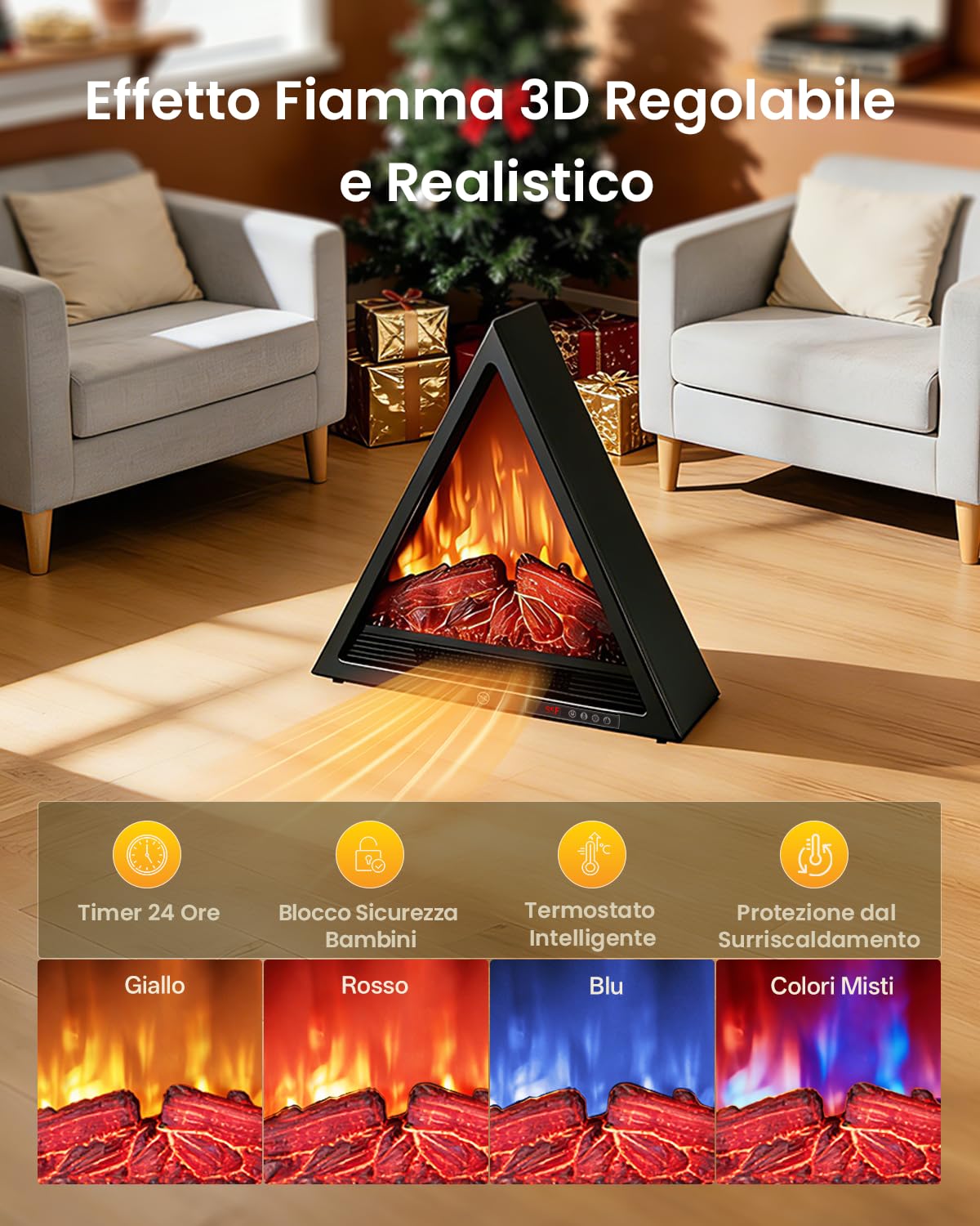 AIRMATE Camino Elettrico Triangolare, 1800W Caminetto Elettrico con Riscaldamento, Effetto Fiamma 3D, Camino Elettrico 4 colori di fiamma, Camino con telecomando, Stufa Elettrica 24H Timer