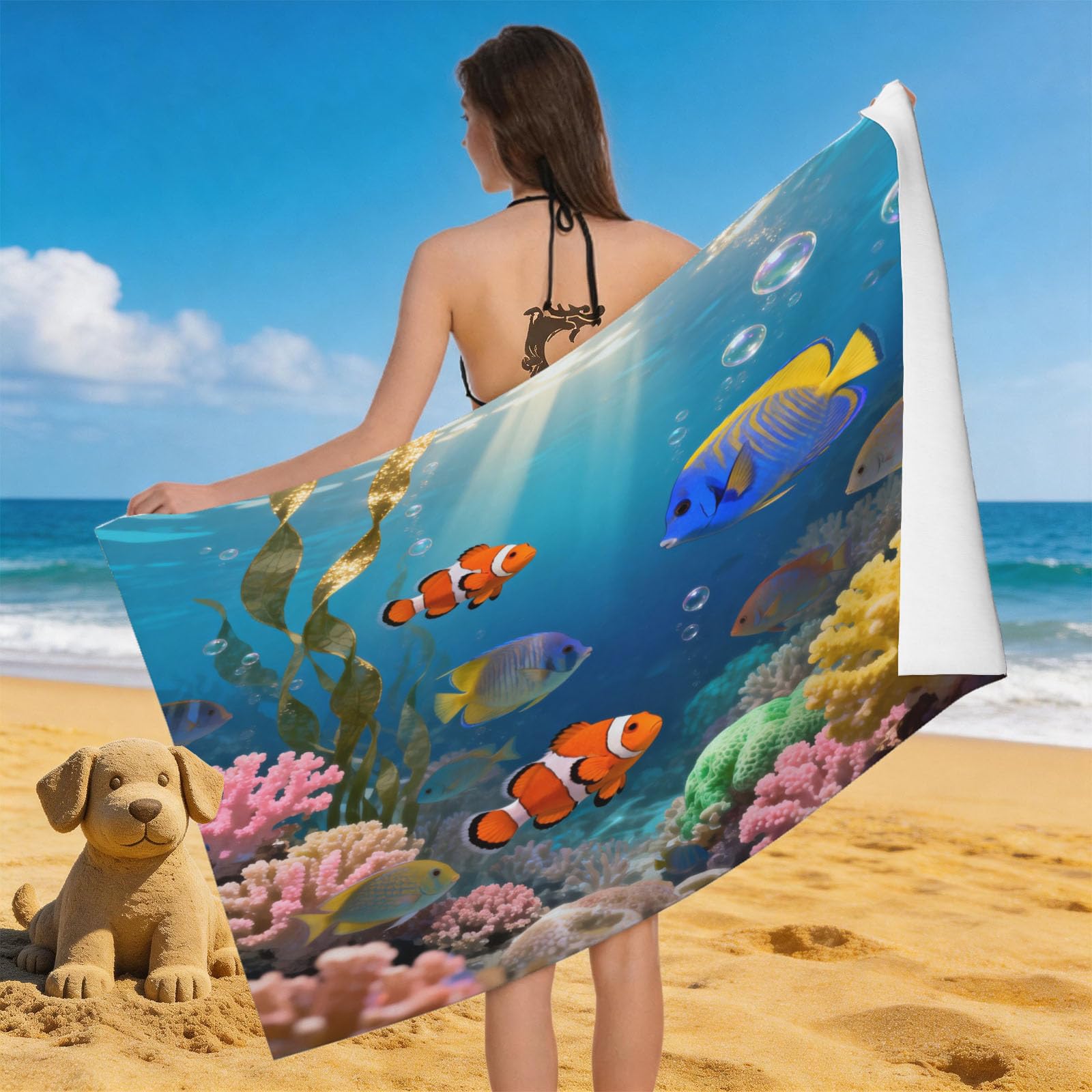 Leichong 3D The Underwater World Beach Towel Large Microfiber Soft Quick Dry for Adults, Ocean Animal Bath Towel Lightweight Soft Absorbent for Travel Swimming Pool Sports, 80 x 160 cm
