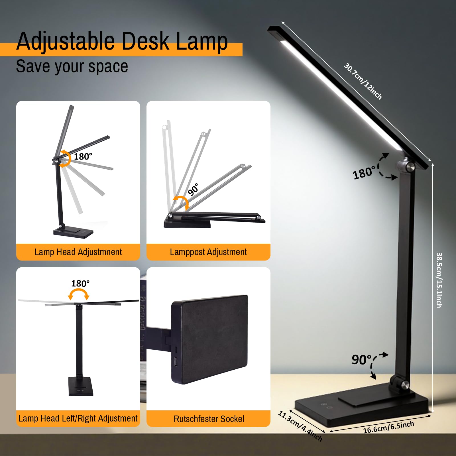 Lámpara Escritorio LED, 800LM 2600mAh Flexo LED Escritorio sin Cable, 5 Modos, 5 Niveles de Brillo Lámpara de Mesa Aluminio & Plegable con Puerto USB para Cama, Estudiar