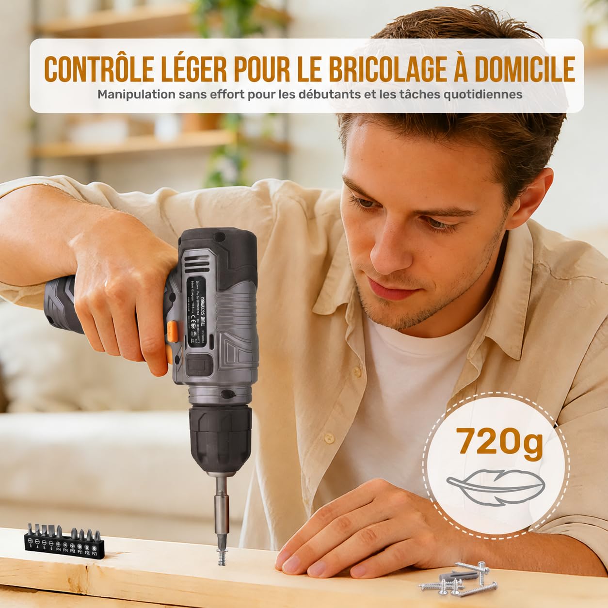 Hi-Spec Perceuse-Visseuse Sans Fil 8V avec Kit 75 pcs, Recharge USB, Batterie 1500mAh, Couple 10Nm, Vitesse 800 tr/min, LED, Légère pour Bricolage Maison, Gris