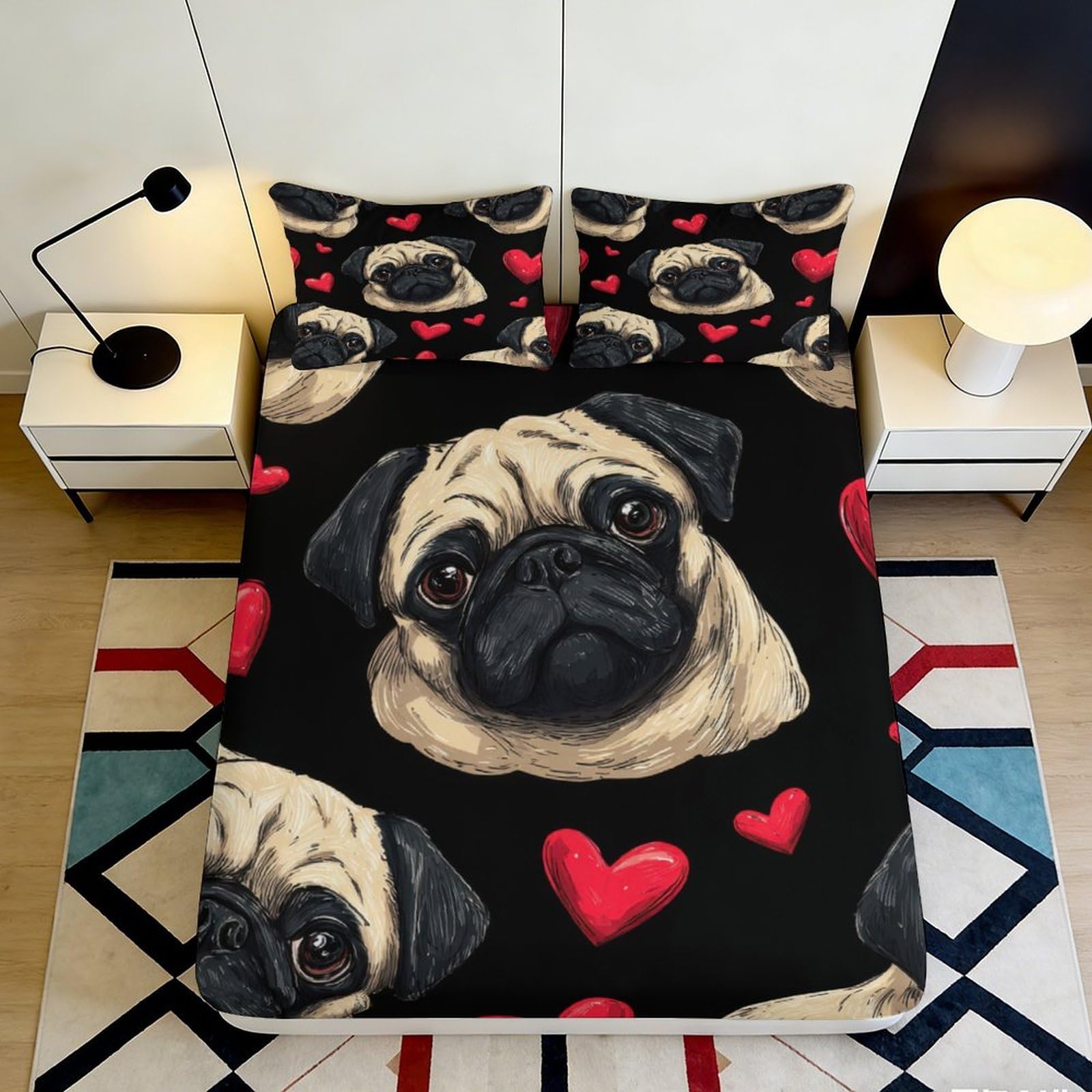 3D Printed Pug Dog Heart Fitted Sheet Microfiber Black Mattress Cover for Bedroom Guest Room Decor Easy Care 160x200x25cm