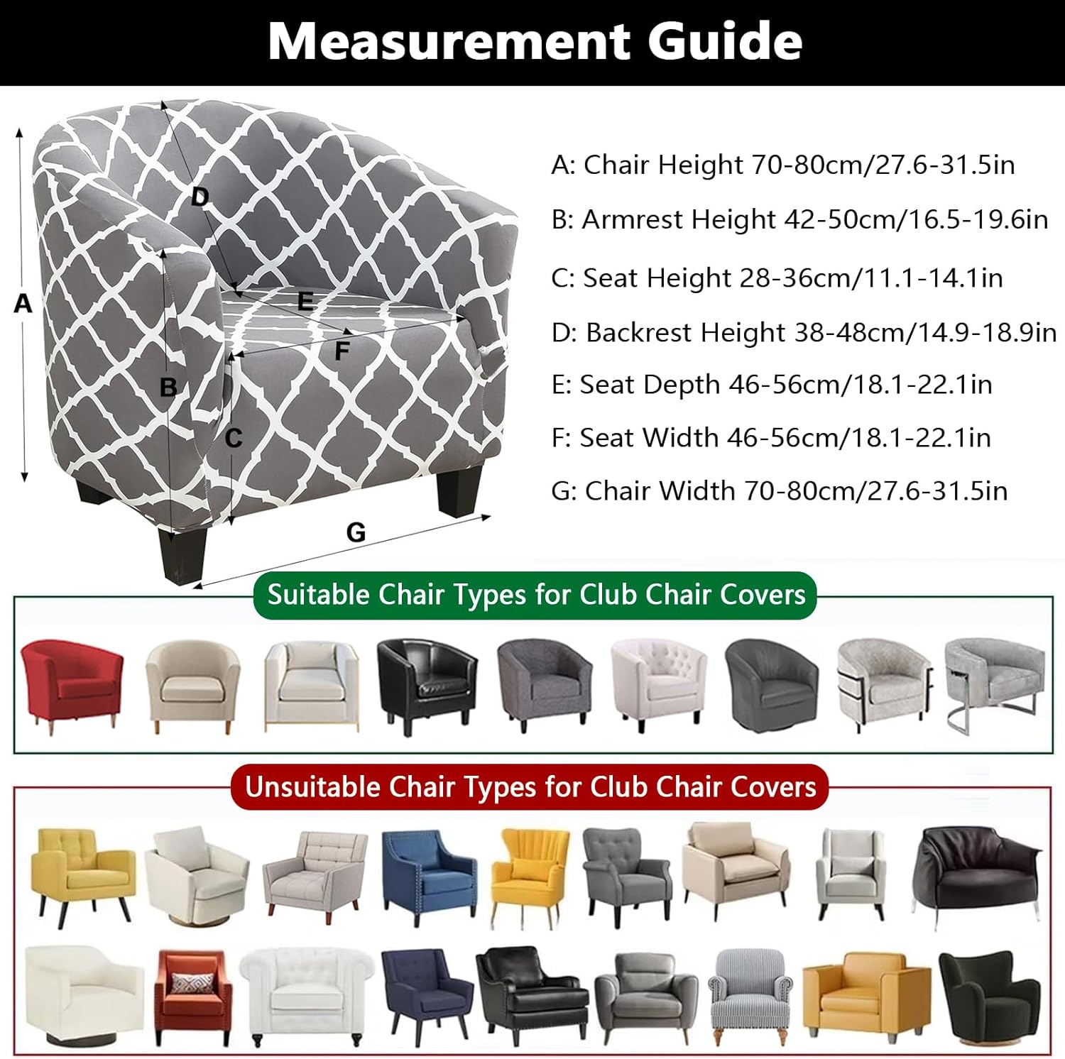 SearchI Club Chair Slipcover Stretch Spandex Barrel Chair Covers Removable Tub Chair Slipcovers Armchair Sofa Cover Couch Furniture Protector Geometric Pattern Arm Chair Cover for Living Room(Grey)