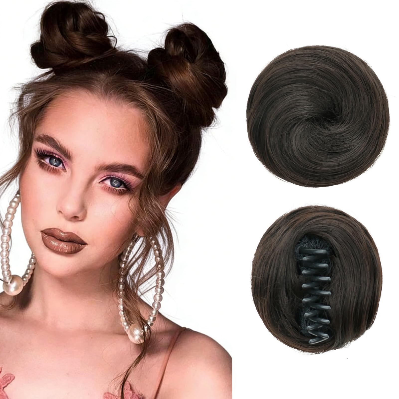 Photo 1 of Space Bun Hair Pieces 2PCS Mini Claw Clip in Messy Fake Hair Bun Extensions Accessory Updo Hairpieces for Women Girls Daily Party Use, Dark Brown
